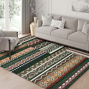GarveeHome Vintage Geometric Patchwork Green Rug for Living Room 6x9 Machine Washable Area Rug, Non-Slip Low-Pile Indoor Tribal Accent Carpet, Indoor Foldable Floor Cover for Bedroom Office
