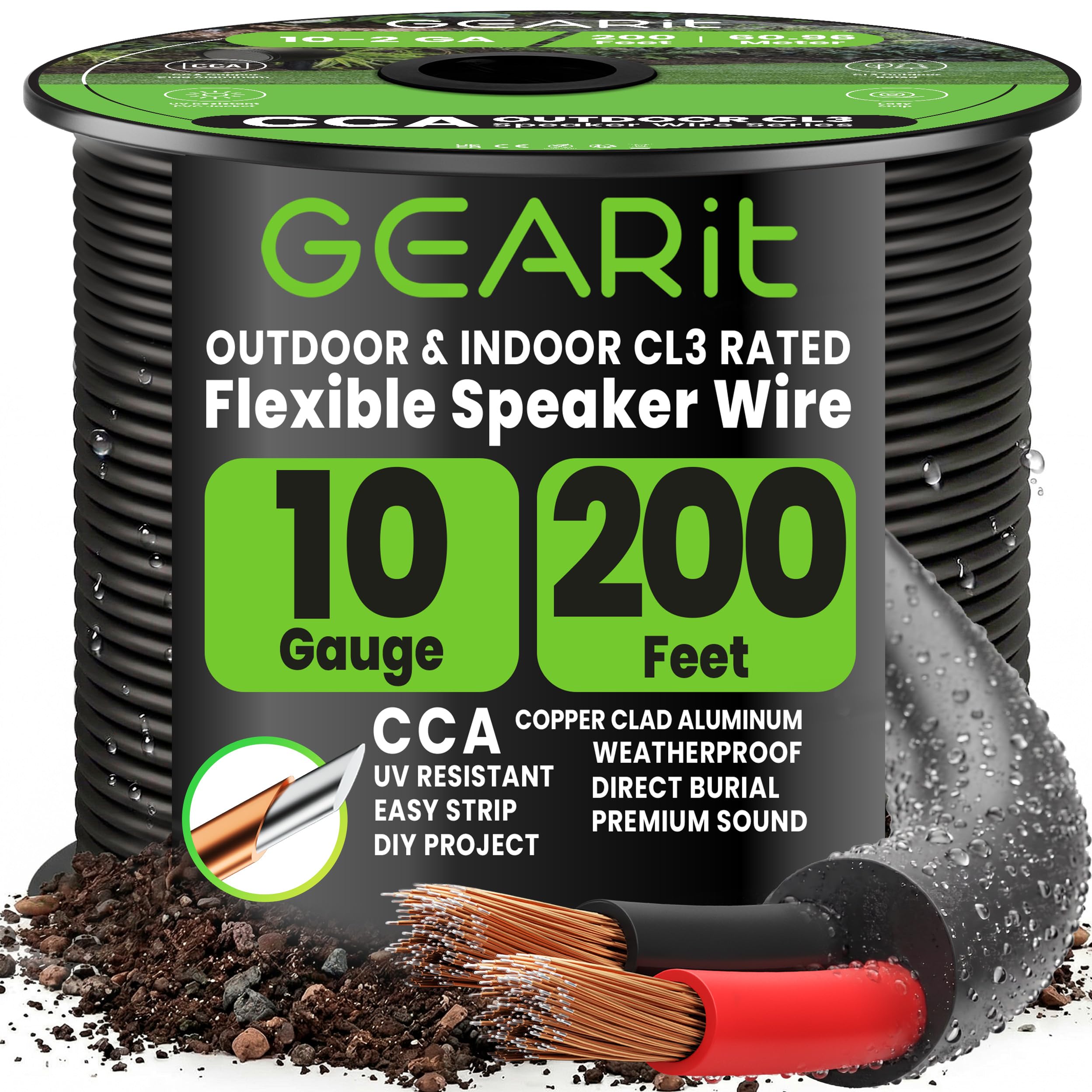 GearIT 10/2 Speaker Wire (200 Feet) 10 Gauge (Copper Clad Aluminum) - Outdoor Direct Burial in Ground/in Wall / CL3 CL2 Rated / 2 Conductors - CCA, Black 200ft