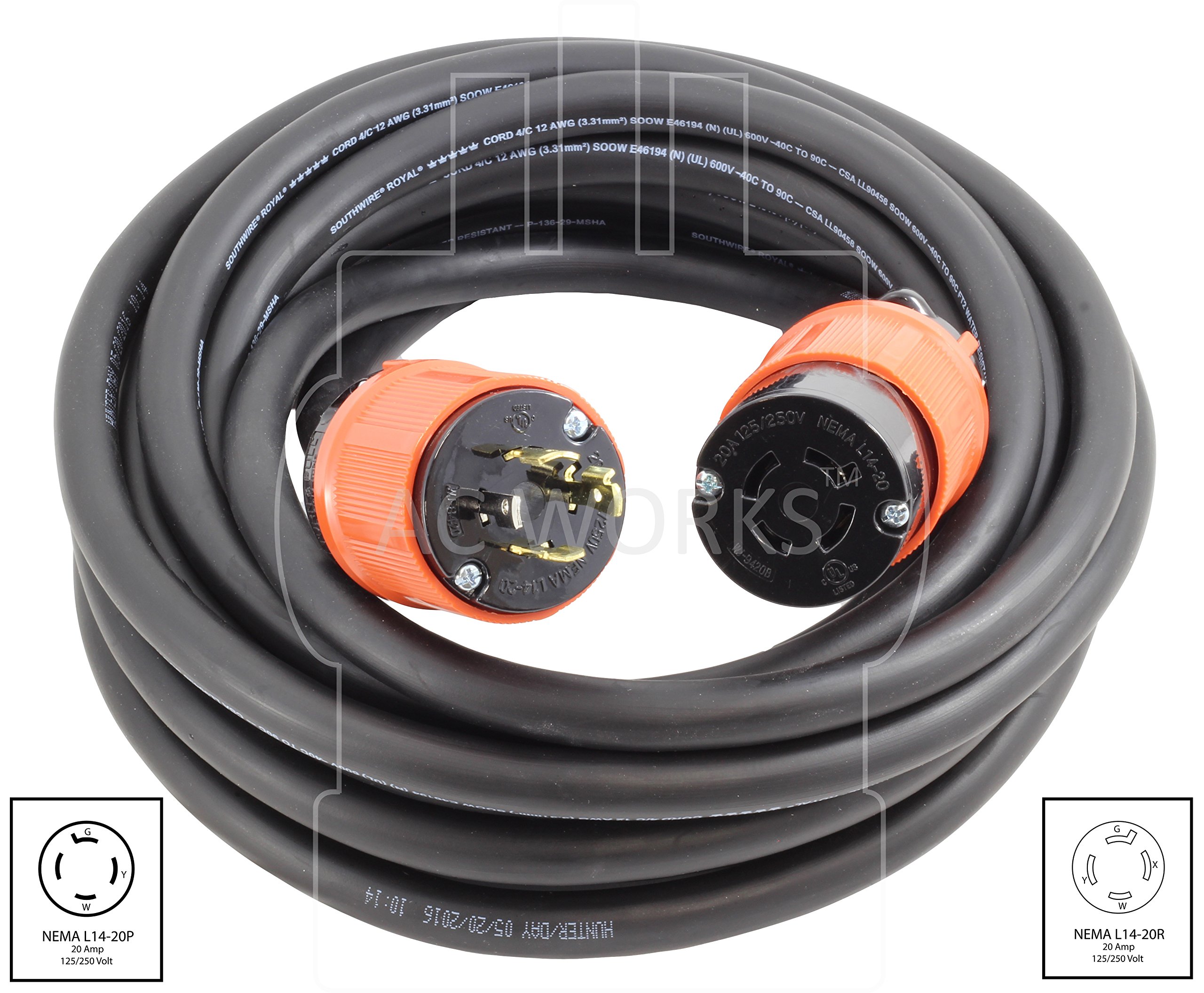 AC WORKS NEMA L14-20 Rubber SOOW 12/4 Extension Cord (10FT