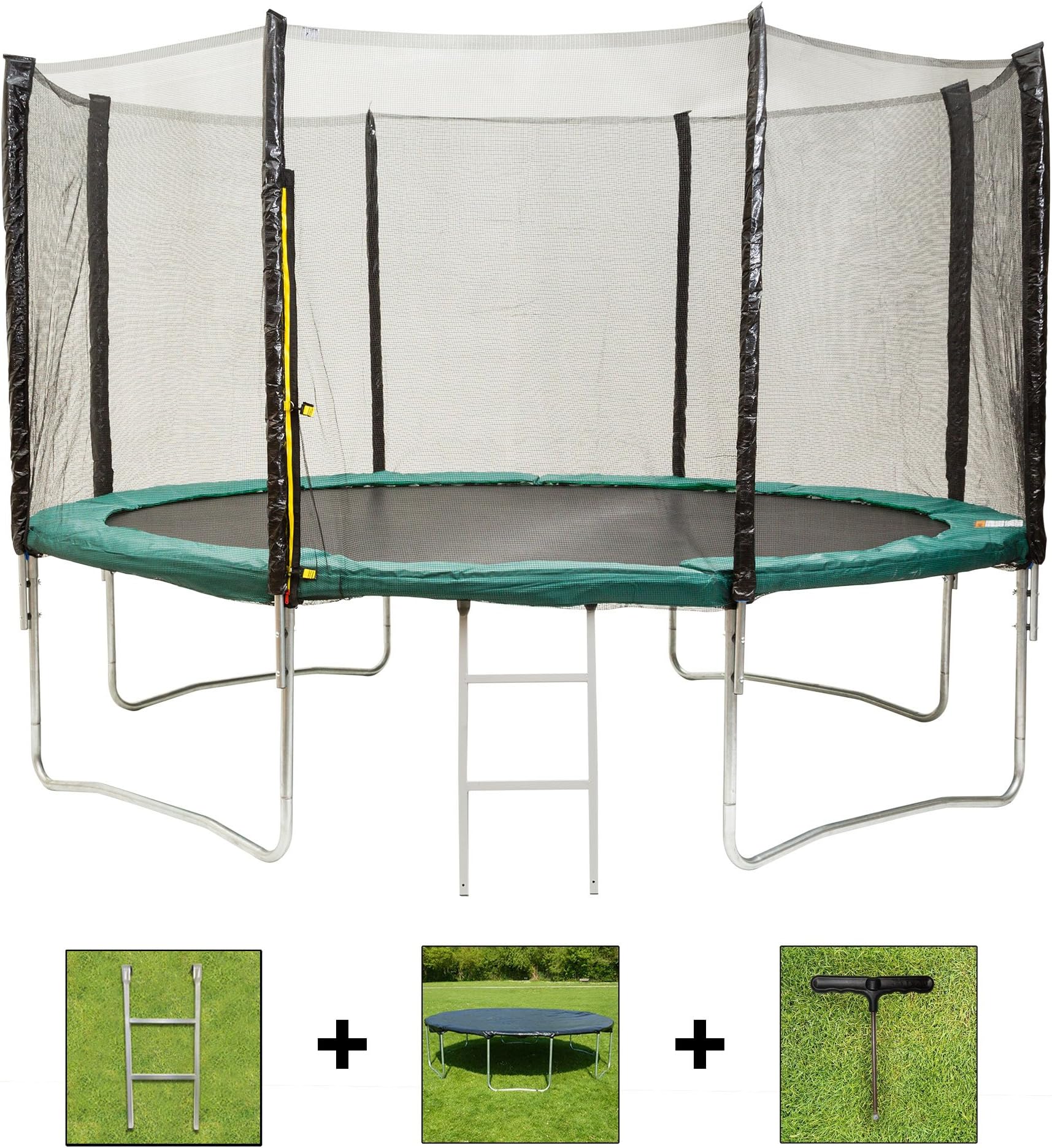 AirBounce Pro Round Trampoline with Safety Enclosure, Ladder, Weather Cover and Spring Tensioning Tool (6ft, 8ft, 10ft, 12ft, 14ft, Blue and Green) - Green, 16ft Trampoline