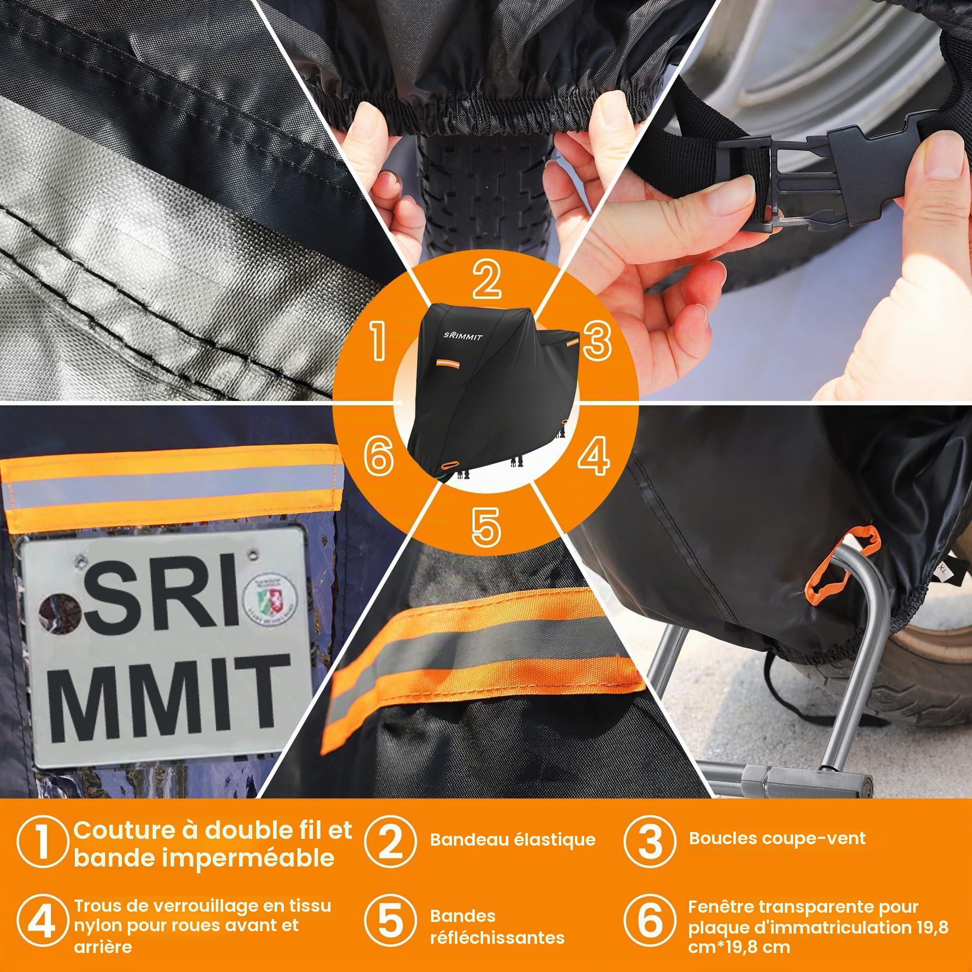 Bache Moto Exterieur Etanche Universelle Extérieure Robuste: Protection Supérieure avec Fenêtre de Plaque d'Immatriculation & 4 Bandes Réfléchissantes - XXXXL(270x95x140 cm)