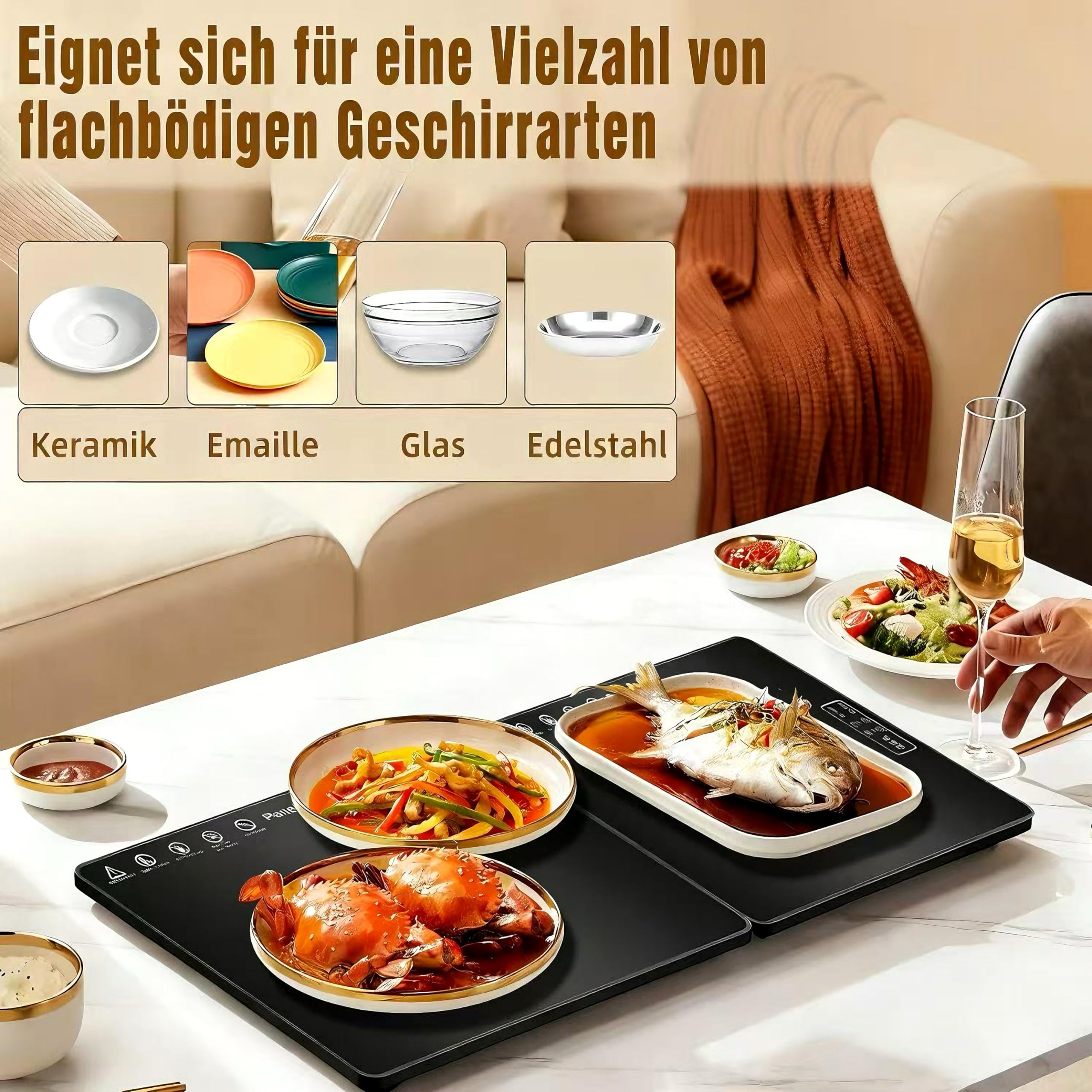 Elektrische Warmhalteplatte 80×30 cm, Speisenwärmer Elektrisch für Speisen mit Temperaturregler und Timer, Doppelzonen-Heizung, Faltbar zum Warmhalten und Auftauen