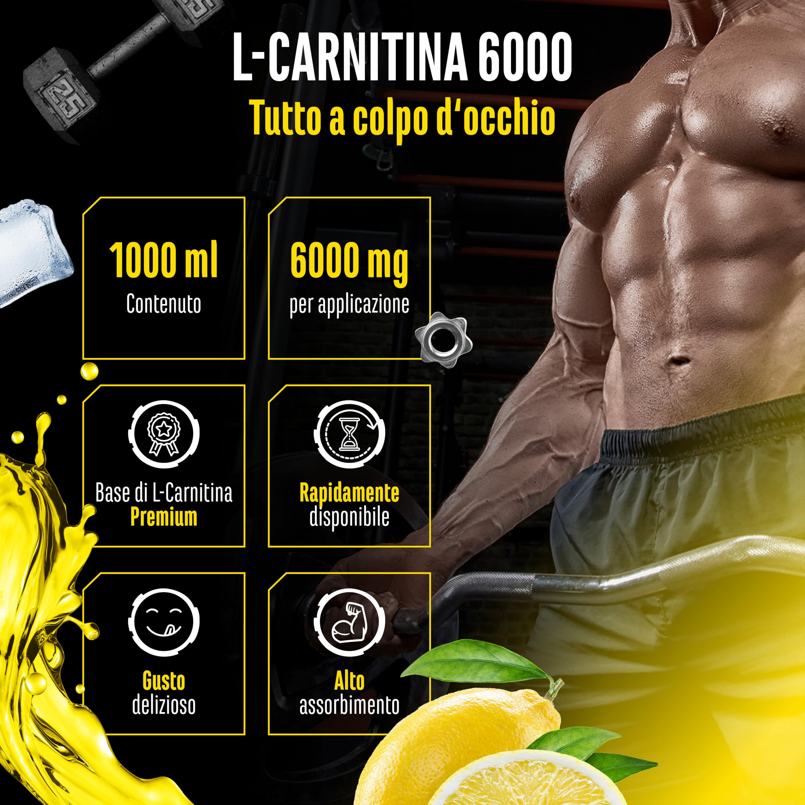 L-Carnitina 6000 Liquido - 1000 ml - Dosaggio extra elevato con 6000 mg di L-carnitina pura per dose giornaliera - Bevanda aminoacida per l'allenamento - Gusto delizioso (Lemon Boost) - Vegano