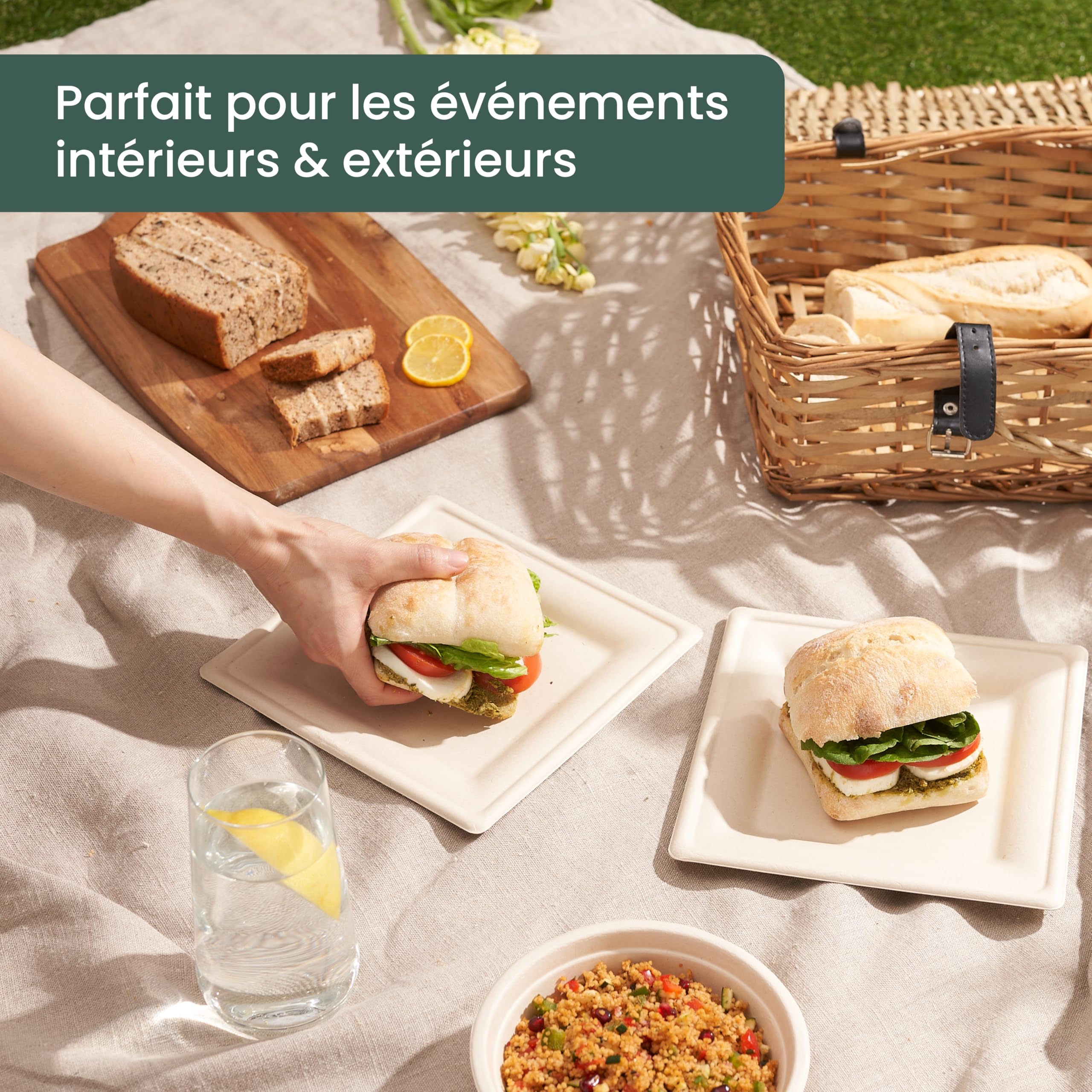 HAAGO 100 Assiettes Solides Compostables en Canne à Sucre, 20 cm / 8 Pouces Carrées – Assiettes Carton Rigides, Anti-Graisse & Anti-Fuites – Jetables pour Chaud & Froid, Fêtes, BBQ, Traiteur