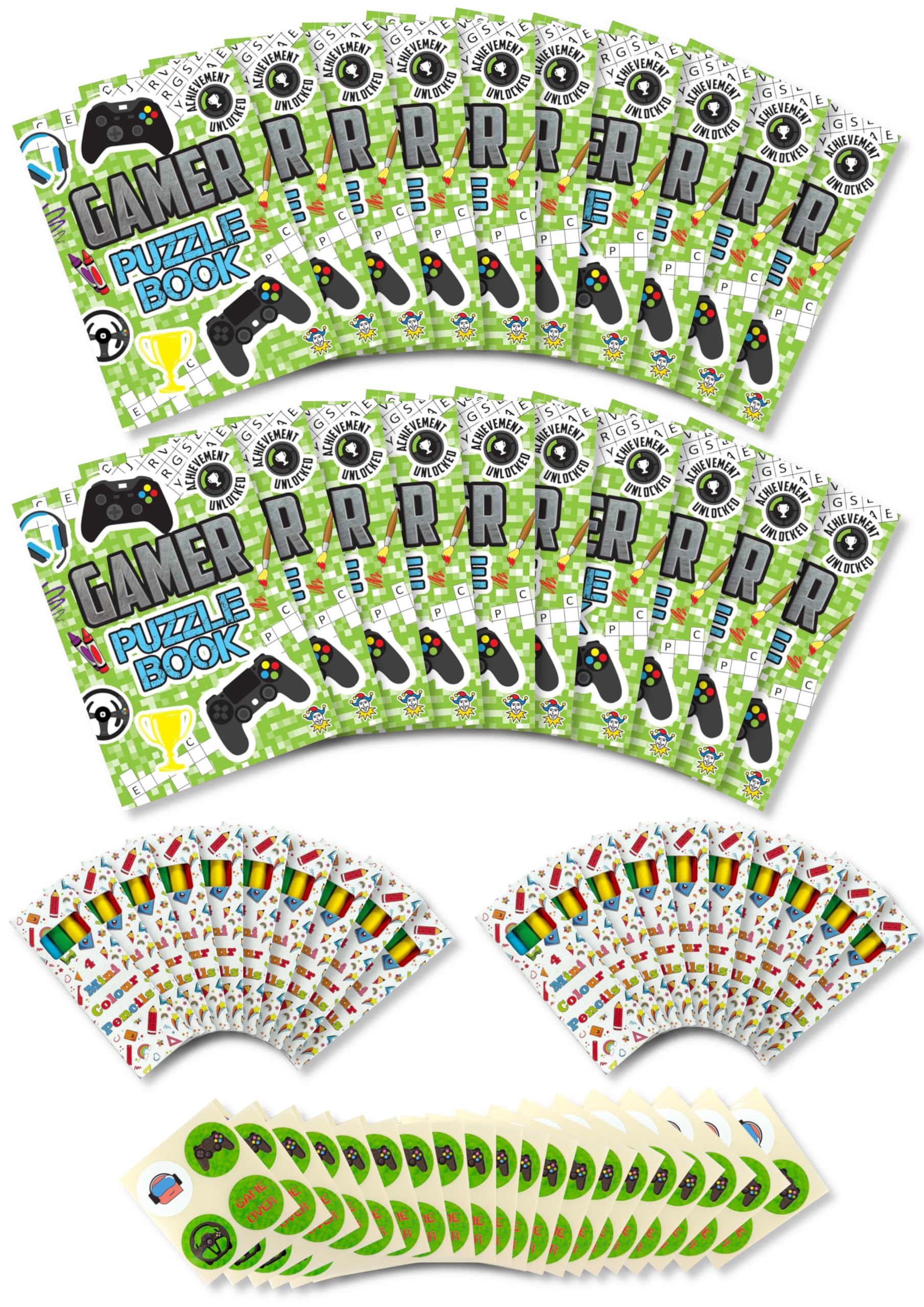 Anila's Assortment of 20 Gamer Themed Activity Books with colouring & Puzzles, 20 Sheets of Stickers & 20 Pencils, Children Birthday Party Favours Bag Fillers, School Classrooms. — image 1