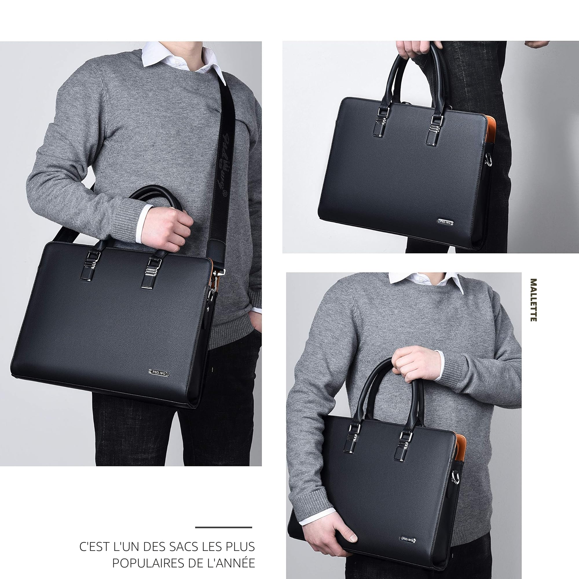 FSD.WG Sac d'affaires Pour Homme,Mallette en Cuir Imperméable,Sac d'affaires Pour Ordinateur Portable Pour Affaires, Ecole, Voyage, Détachable
