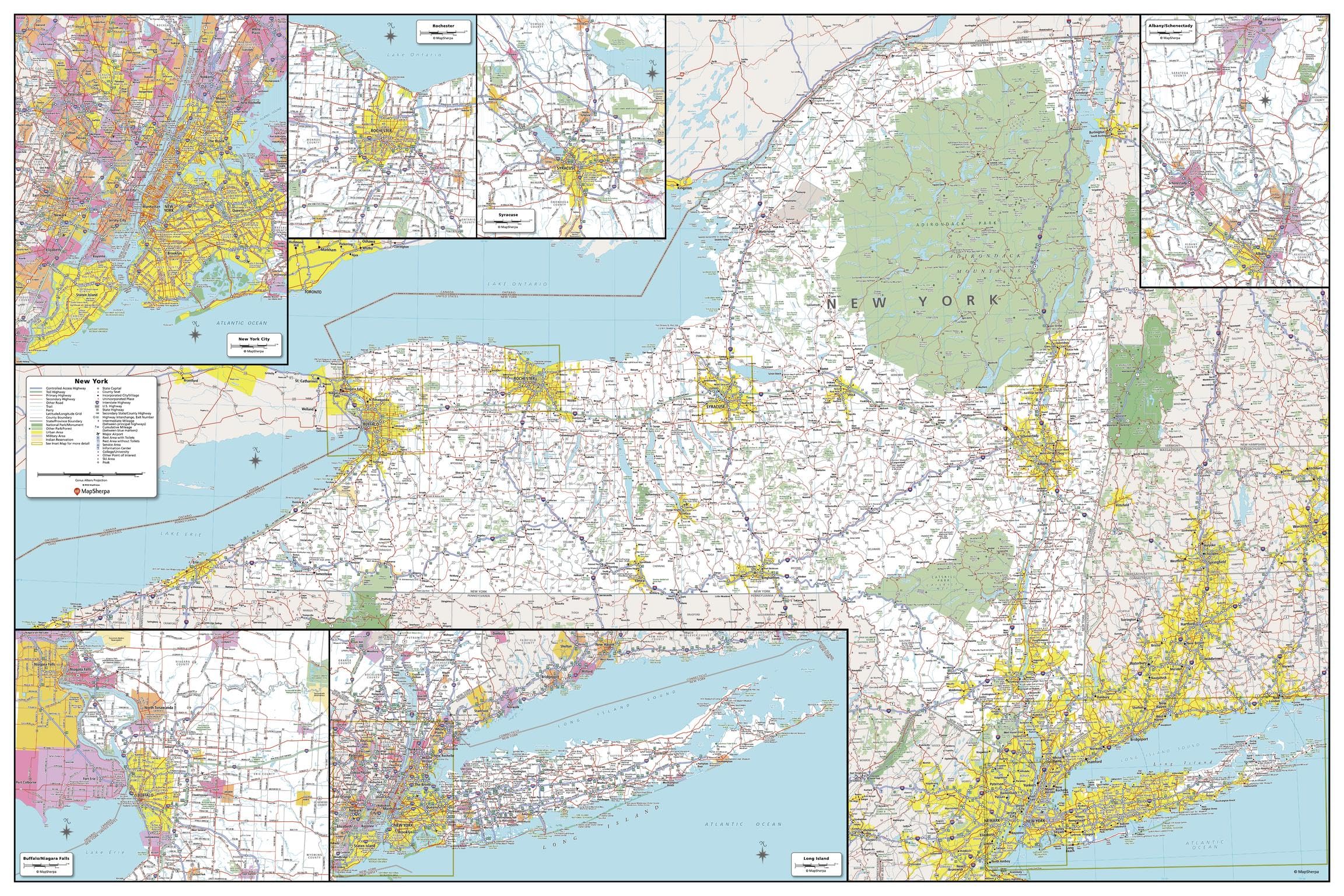 MapSherpa: Mapa ścienna stanu Nowy Jork - duża - 81 x 122 cm plakat - laminacja przednia