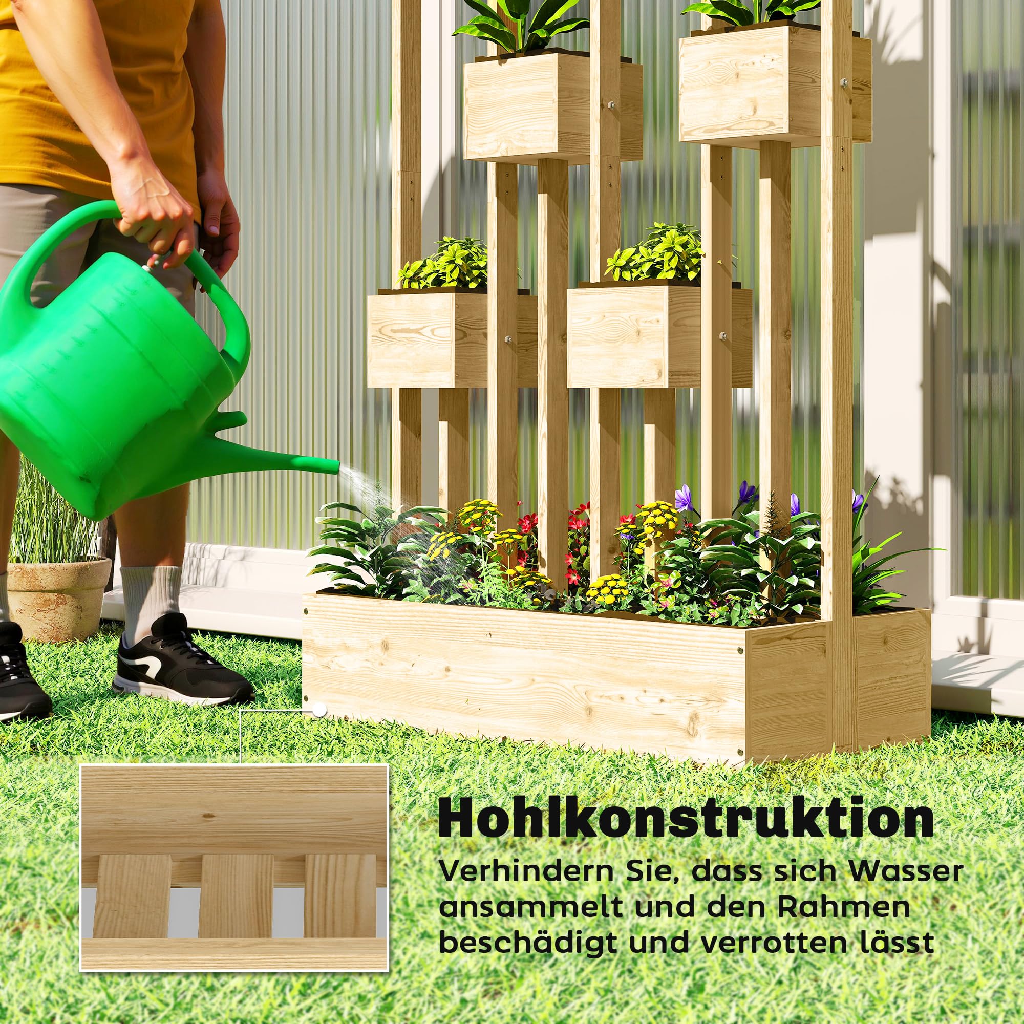 Outsunny Hochbeet mit Rankgitter Körbe Holz 90 x 45 x 170 cm Naturholz | Pflanzkübel, Pflanzkasten, Blumenkasten, für Garten Balkon Terrasse, Blumenkübel für Kletterpflanzen Korbpflanzen, Blumen