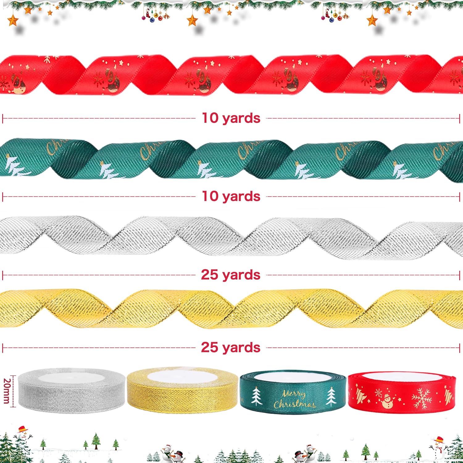 Christmas Ribbon 4 Rolls, 20mm Christmas Satin Ribbon for Gift Wrapping, 70 Yards Xmas Ribbon for Christmas Wrapping, Wedding, Valentine Ribbon, Xmas Decoration DIY Crafts