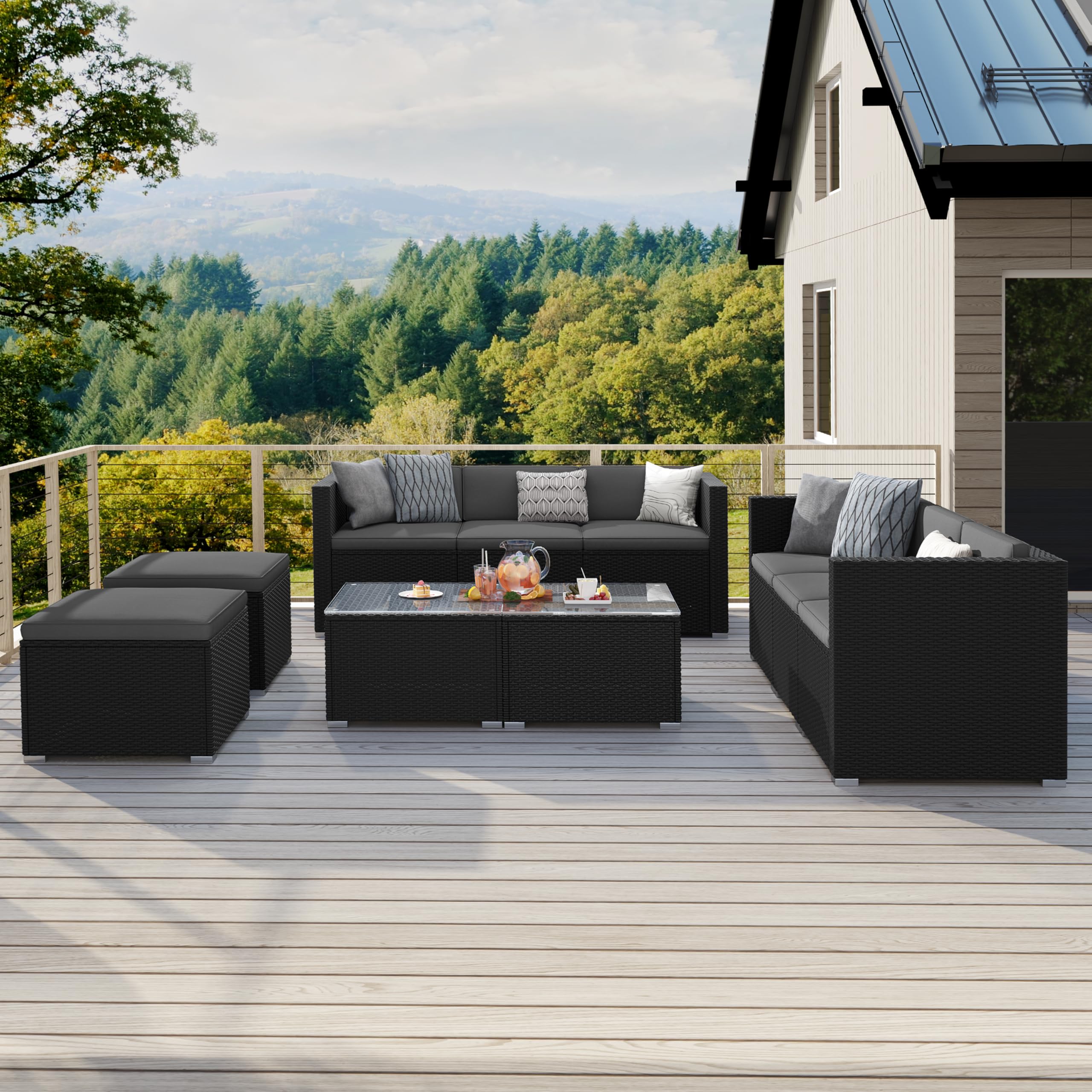 Abician 5 Pièces Salon de Jardin Exterieur en Polyrotin, 4 Personnes Ensemble Mobilier avec 3 Canapés Modulables, 1 Table Basse en Verre Trempé et 1 Ottomane pour Bistro Patio Terrasse Noir/Gris