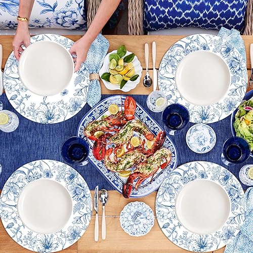 Miniatura 5 de Juego de 6 manteles individuales redondos de plástico chinoiserie de 13.4 pulgadas, lavables, de vinilo, color azul y blanco, para interiores y