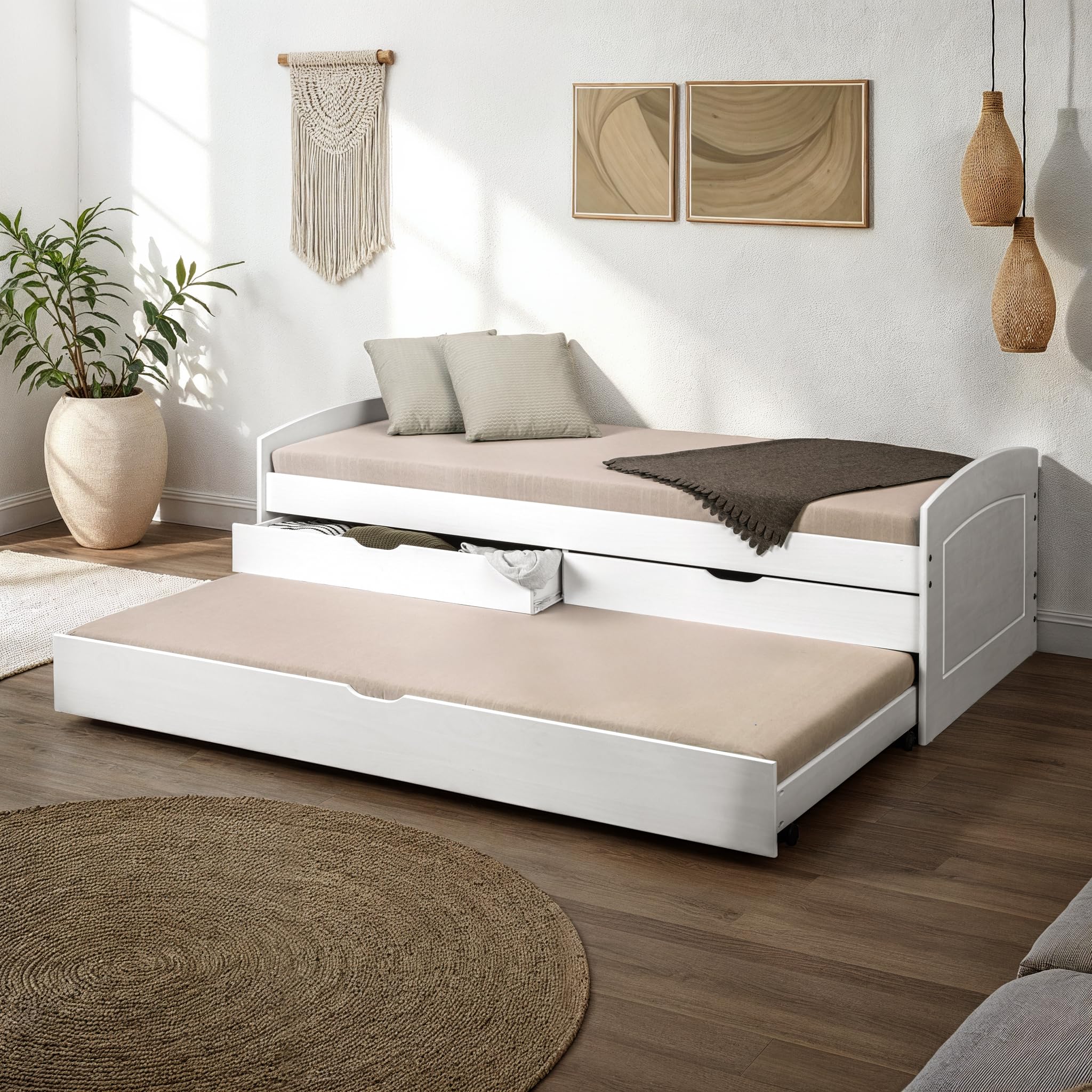 Inter Link - Cama Funcional 90x200 - con Espacio de Almacenamiento - Cuna - Cama Juvenil - Cama con cajones - Cama de Madera Maciza - 2 cajones - 1 cajón Blanco - Madera Maciza - Ried