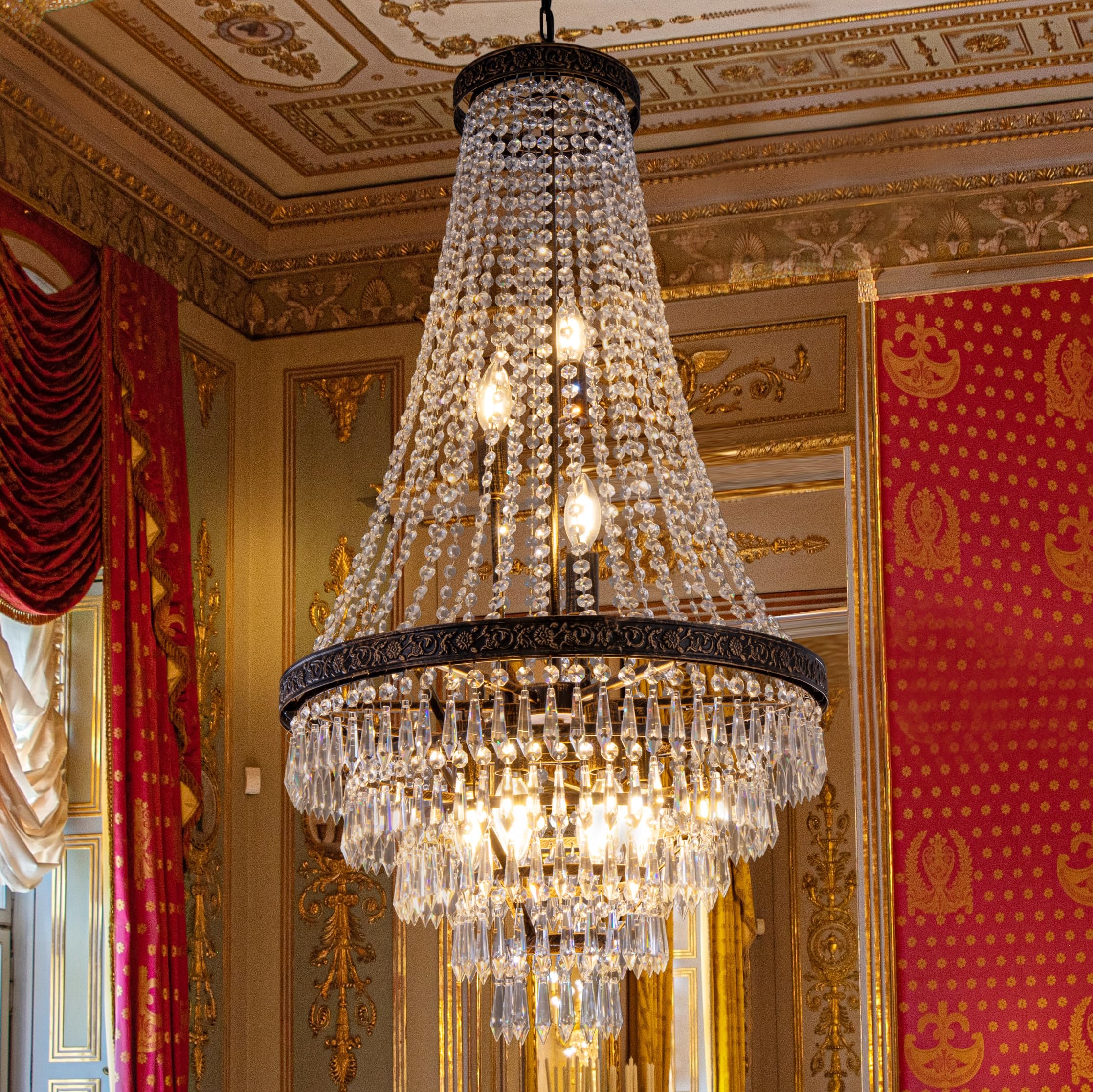 Tochic Crystal Chandelier for Dining Room, 9 Lights French Empire Chandeliers Vintage Antique Bronze Crystal Pendant Light, Rustic Farmhouse Ceiling Lighting Fixture for Entryway, Living Room, 20.1"W [Energy Class E]