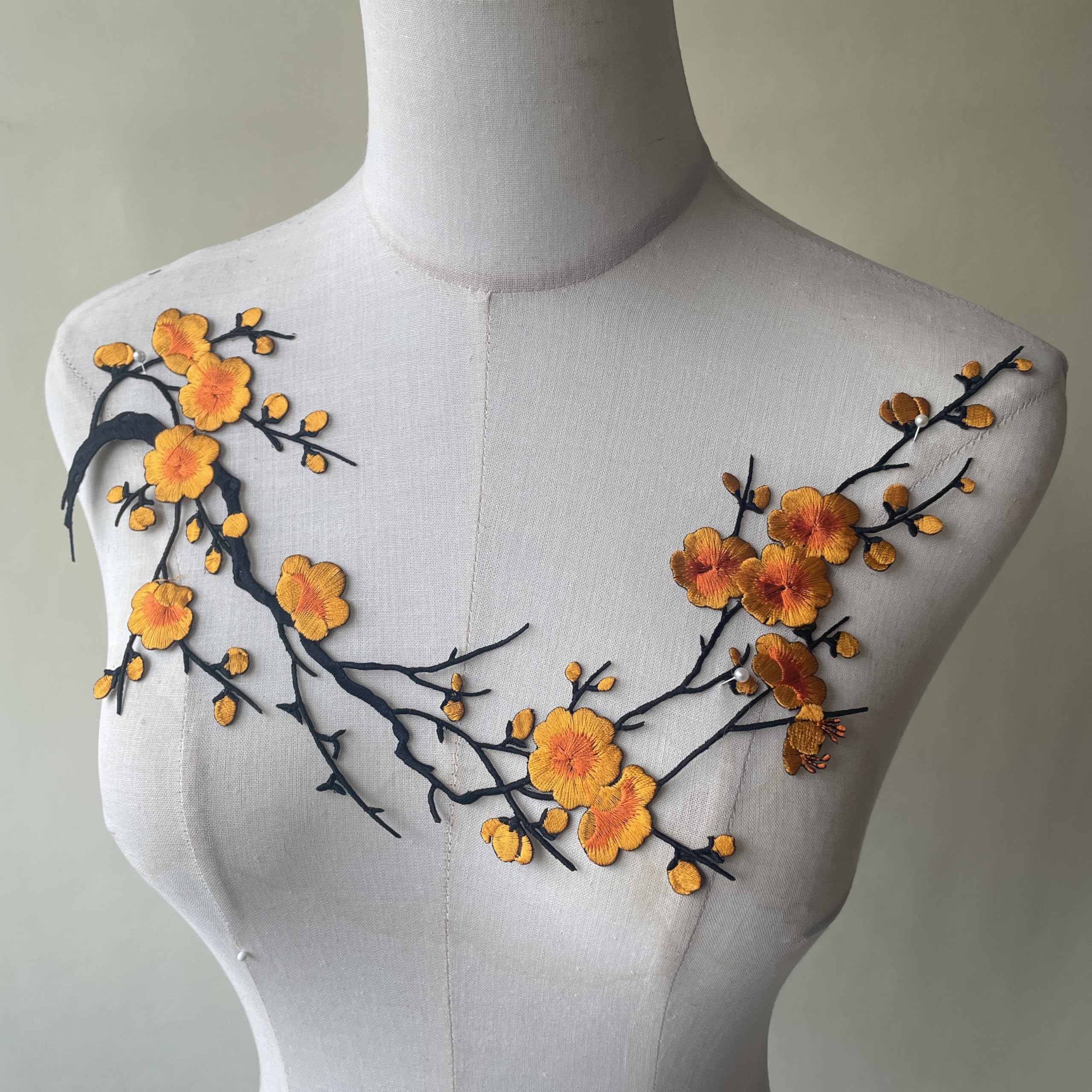 Blossom Embroidery Patch, Large Floral Applique with Plum Tree Branch, Iron on or Sew on Motif for Women’s Dresses, Wedding Gown, Jackets and DIY Craft Projects 1 Piece (Orange)