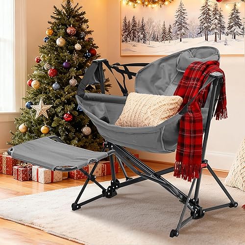 Ainfox Silla hamaca con reposapiés, sillas de campamento plegables portátiles de gran tamaño para adultos al aire libre, campamento oscilante con