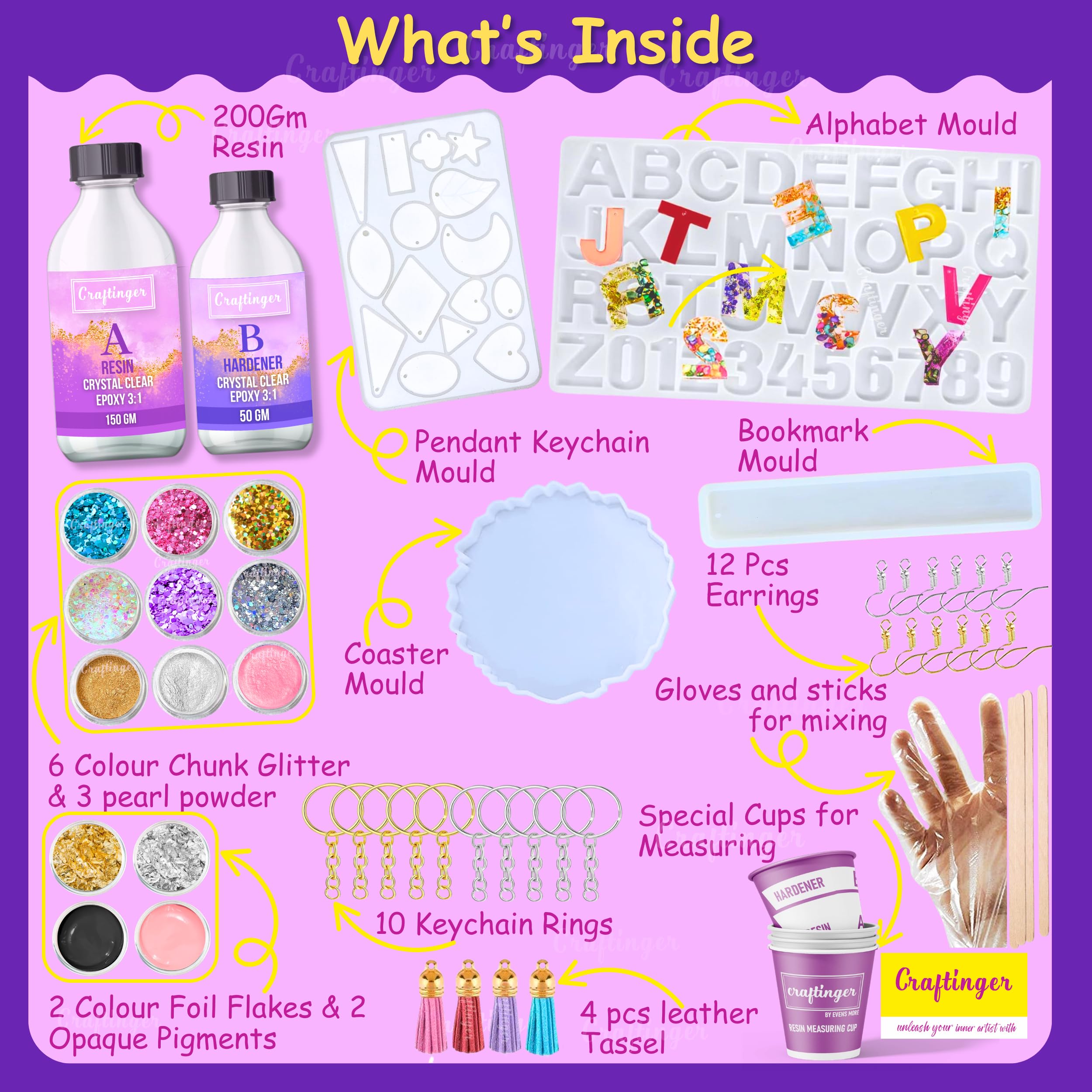 Craftinger Upgraded All-in One kit with 200gm Resin for Bookmarks, Coasters, Alphabet Keychains, Pendants, Earrings and More, Multicolour