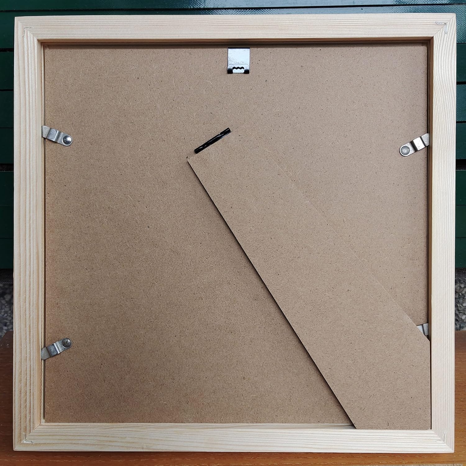 10x10 Photo Frame Solid Wood Frame 10x10 Picture Frame Square. Environmental Protection, no Paint. Panel Plastic Material. The Protective Lilm Must Torn Off.The Front Window 9 1/2x9 1/2 inch.Wall or Tabletop.