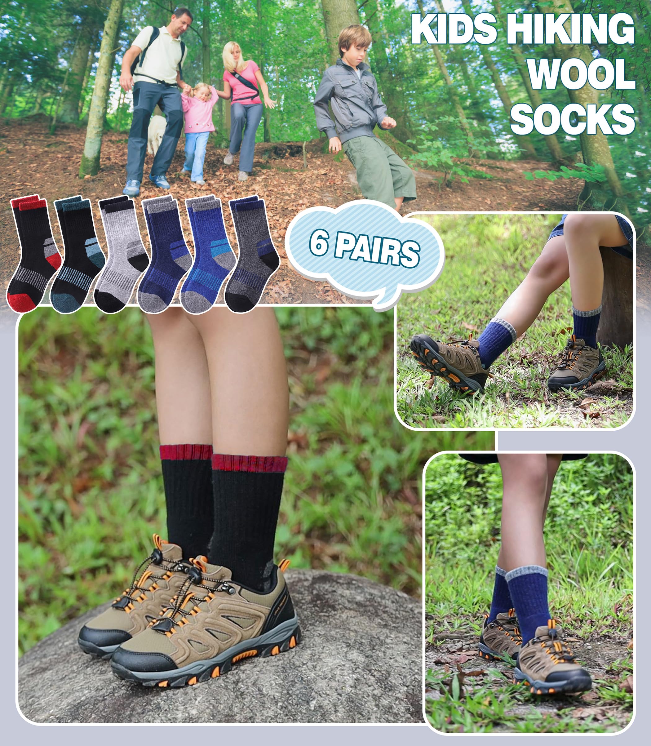 DOSKONI Kids Merino Wool Hiking Socks Boys Girls Toddlers Winter Warm Thick Thermal Cushion Crew Gift Socks 6 Pairs Wool Socks B,4-7 Year Old