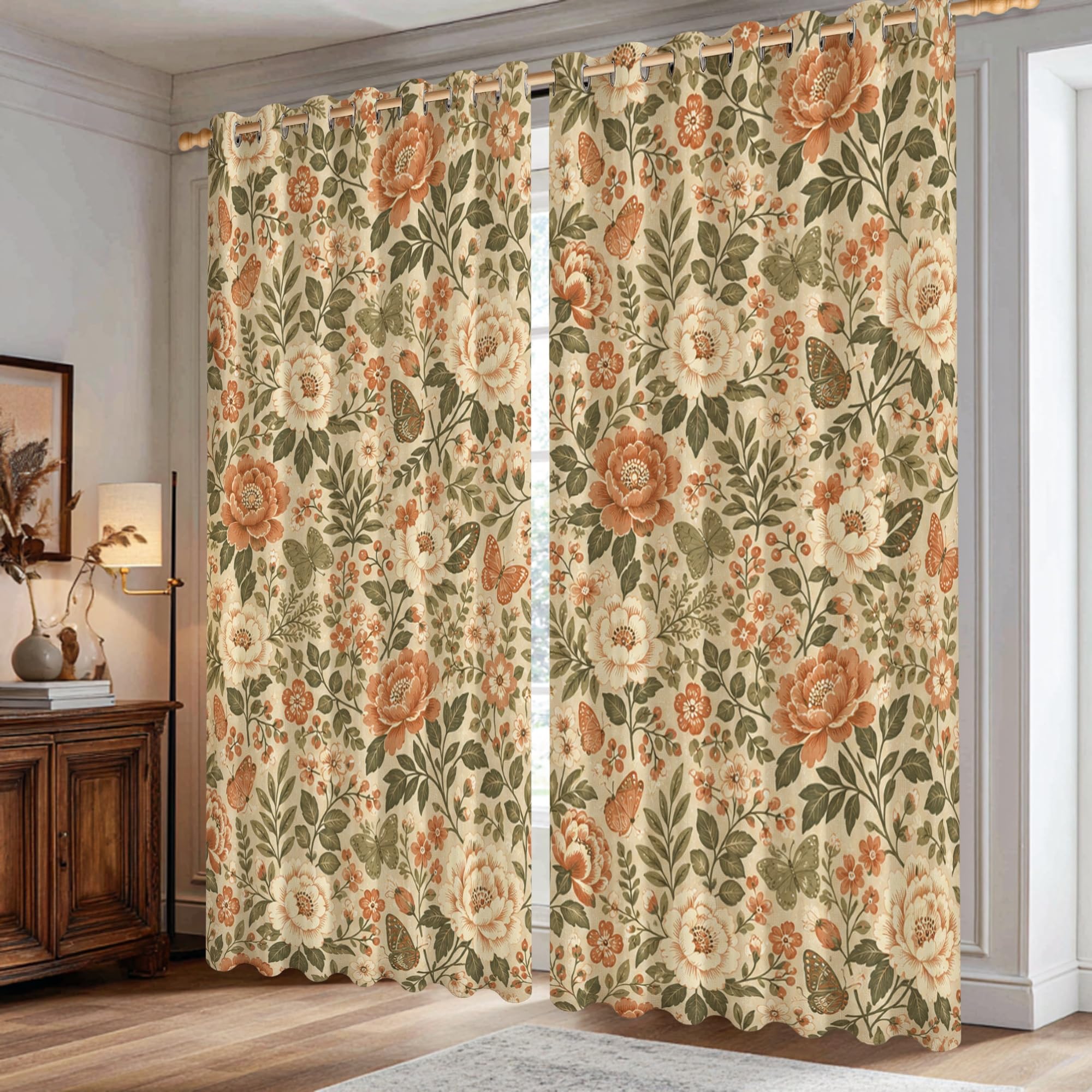 Rideaux occultants vintage bohèmes à fleurs terre cuite pour fenêtres de salon 106x183 cm