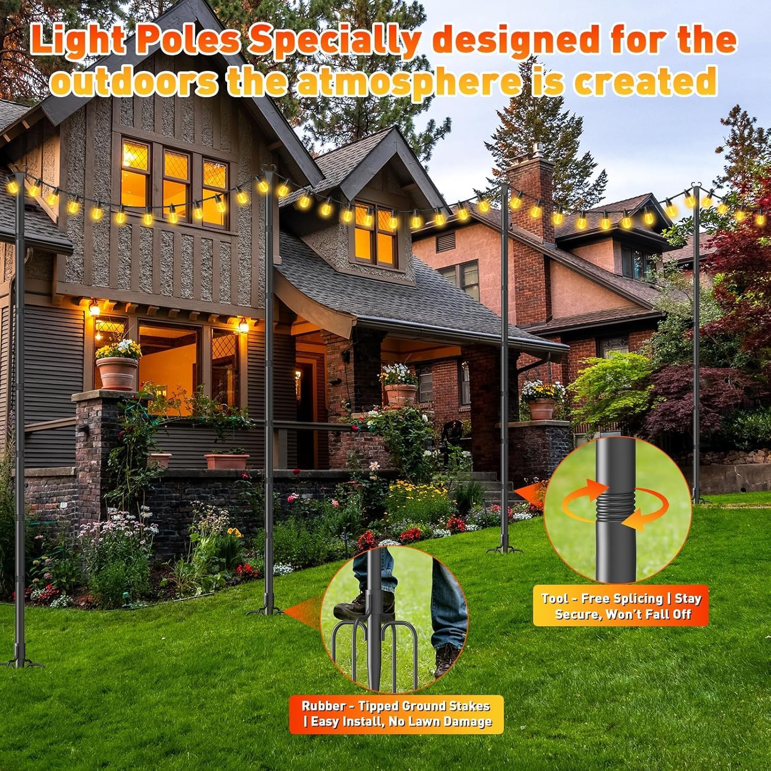 10Ft String Light Poles 4 Pack,Poles for Outdoor String Lights with Fork and Fence Clamp,Hanging Lights Metal Stand Post for Deck Patio Backyard Garden Decorations