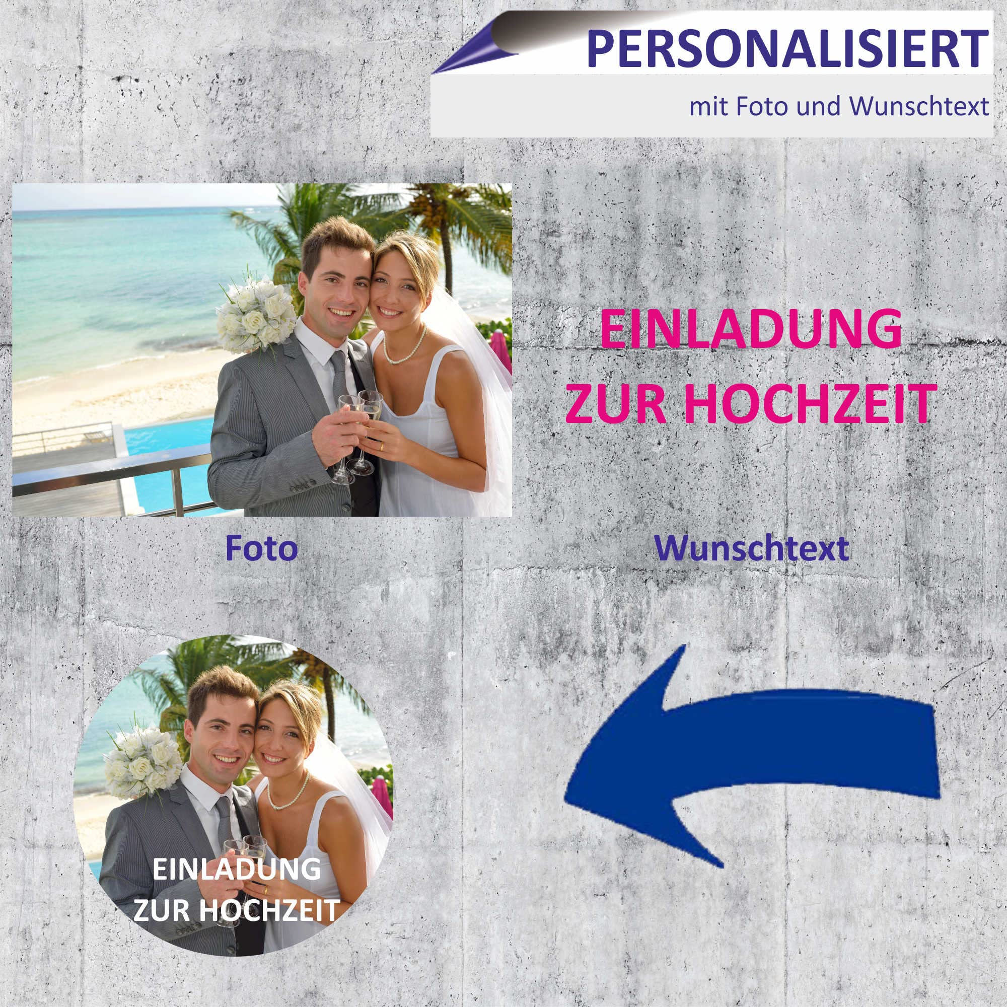 INDIGOS UG Fotoaufkleber - 95mm rund - 50 Sticker Namensaufkleber für Kinder Schule, Einladungen, Hochzeit, Taufe, Verlobung, Kommunion, Geburtstag, Party - personalisiert mit Wunschtext