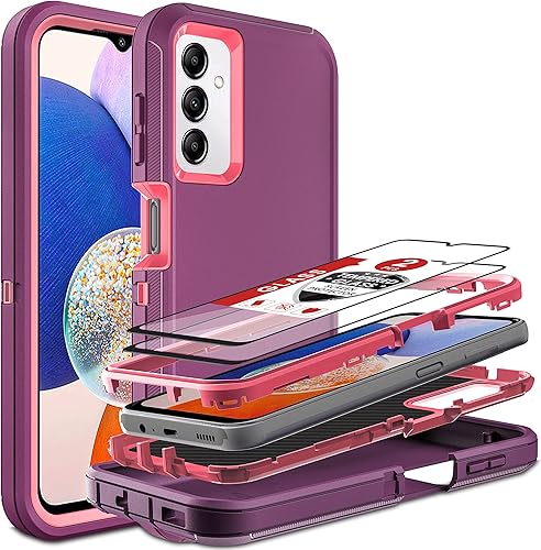 Miniatura 8 de Funda para Samsung Galaxy A14 5G, 3 en 1, protección resistente a prueba de golpes con 2 protectores de pantalla de vidrio templado, (rojonegro)