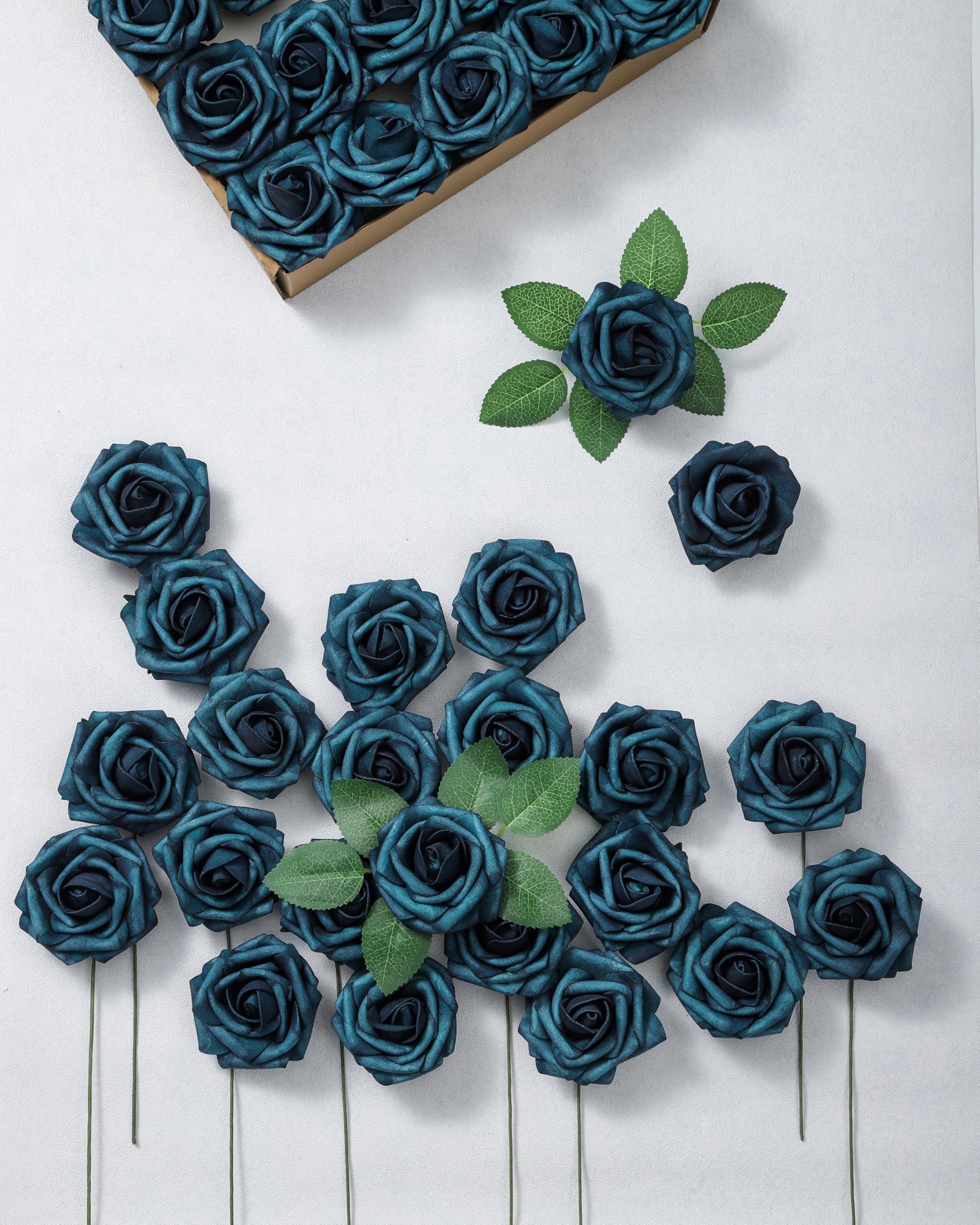 DuHouse 25Pcs Artificial Roses Flowers Fake Rose with Stems Real Touch Foam Flower Head for DIY Wedding Bridal Bouquet Baby Shower Centerpiece Floral Arrangement Party Home Decor(Peacock Blue) - Image 2