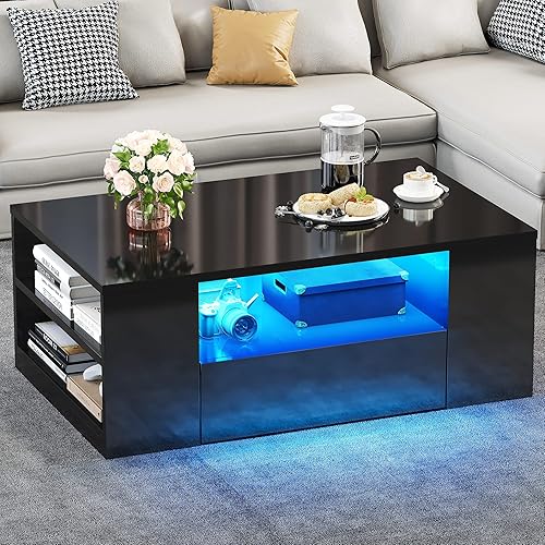 YITAHOME Modern Coffee Tables for Living Room, High Glossy LED Coffee Table, Storage Coffee Table, Small Coffee Table, Wood Center Table with 2 Sliding Drawers and Open Side Shelf, Black