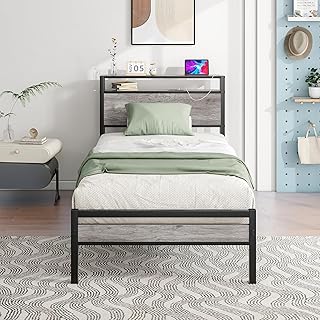 HOJINLINERO Twin Bed Frame with Storage Headboard and Charging Station, Twin Size, Heavy Duty