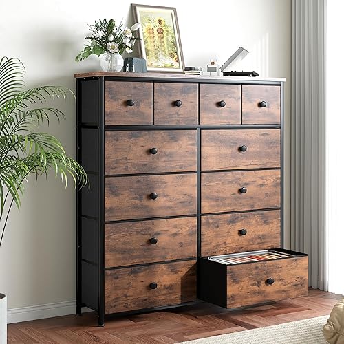 Miniatura 9 de Cómoda alta para dormitorio con 12 cajones, cómoda de tela y cómoda con marco de metal resistente, parte superior de madera, armario