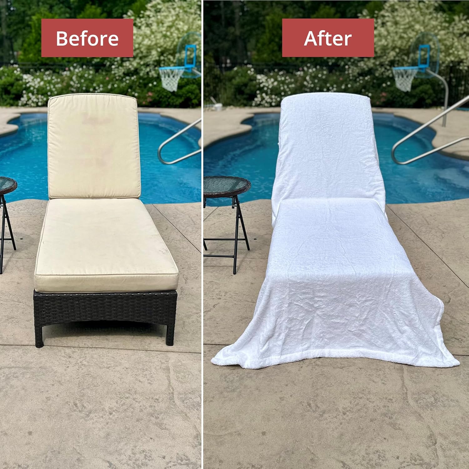 ARLU HOME Large Luxury Chaise Pool/Lounge Chair Cover Towel - Fitted Elastic Pocket Won't Slide (White) Versatile Size Pocket Fits Most Standard Cushions. Protective, Absorbent, Easy Care