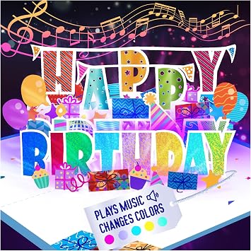 بطاقة عيد ميلاد ثلاثية الأبعاد منبثقة تحتوي على 100 تحية - تشغيل أغنية Happy مع الأضواء والموسيقى، وغناء عيد ميلاد فريد للنساء والرجال والأمهات والجدات والأجداد