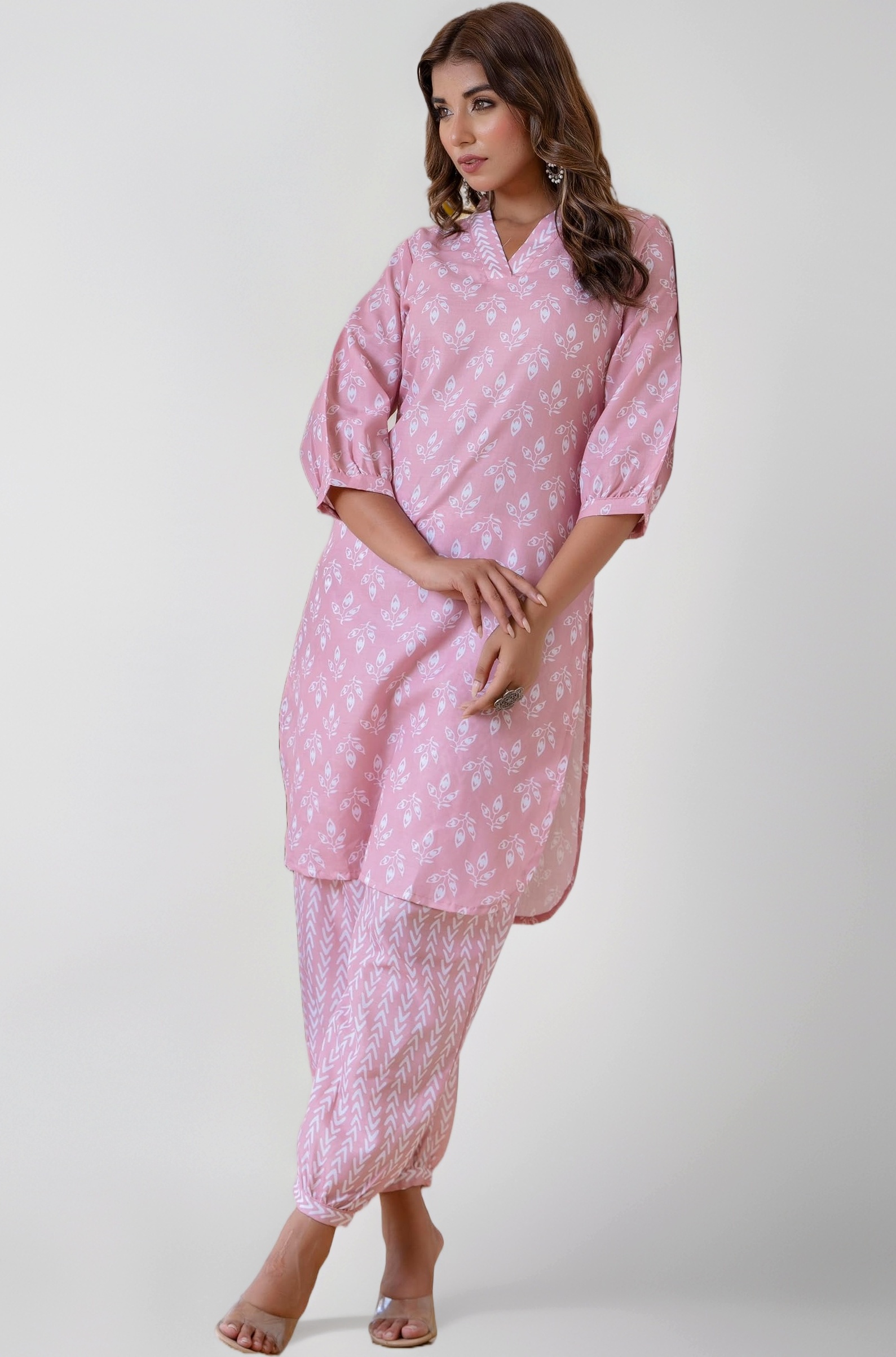 LookMark Women's Trendy Printed Cotton Blend Straight White Color Kurta and Afghani Pant Set