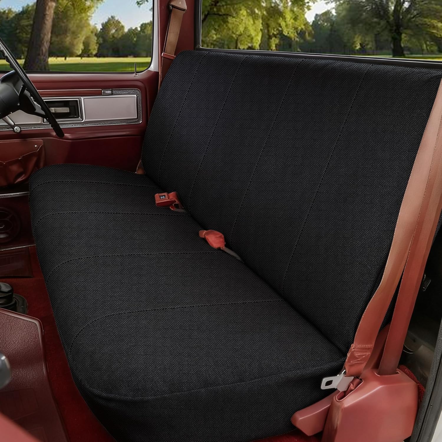 Front Solid Bench Seat Cover Universal Fits for Ford, Chevrolet, Dodge, and Full Size Pickup Trucks - Front Bench Sandwich Fabric with Side Pockets-Black