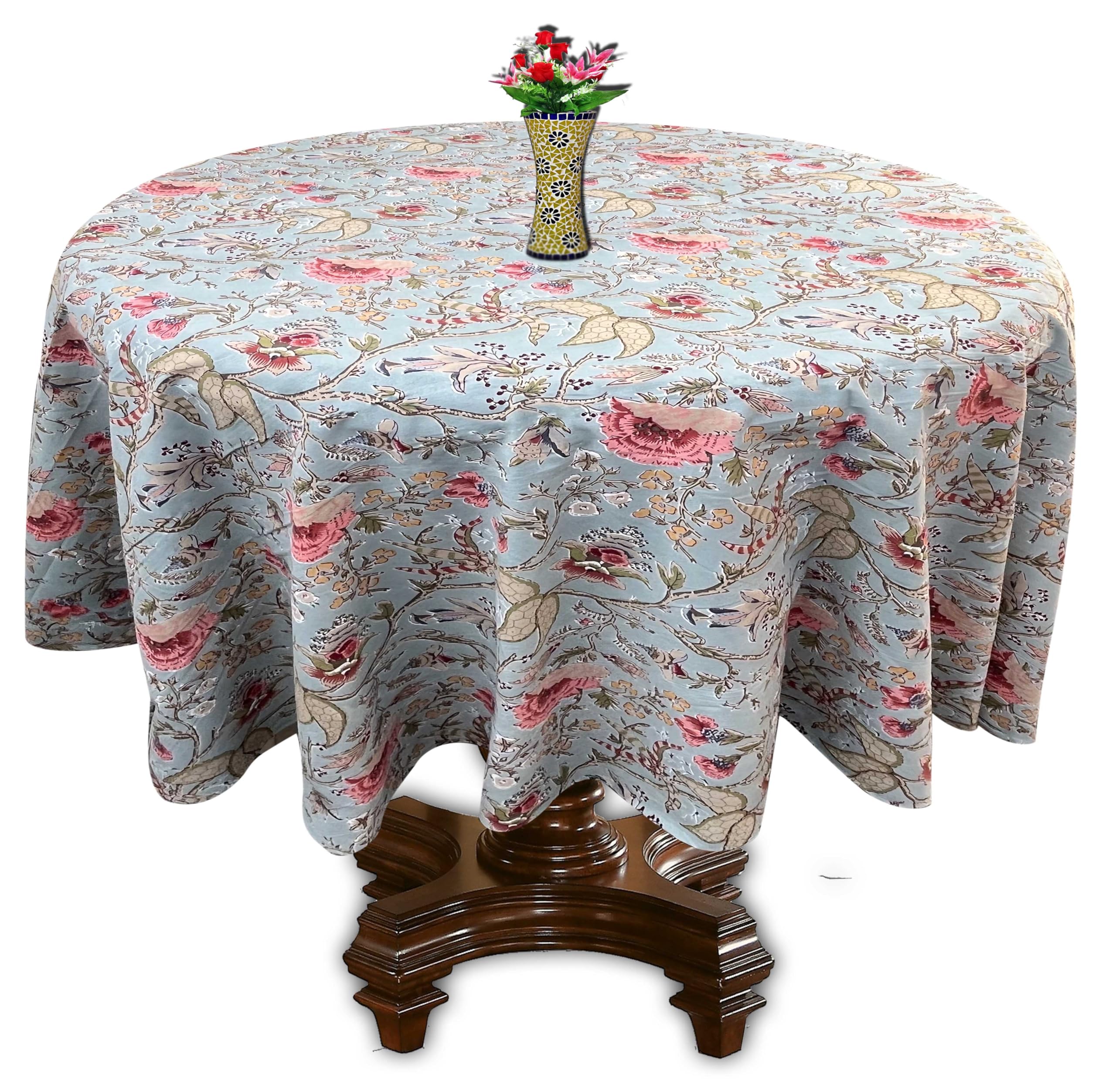 RHF Cotton Round Tablecloth Floral Printed Circular Table Cover for Dining Table | Washable Fabric Table Cloth for Kitchen, Dining Party & Outdoor Use (Pista (Skey Blue), 90 Inch, Round)-image-3