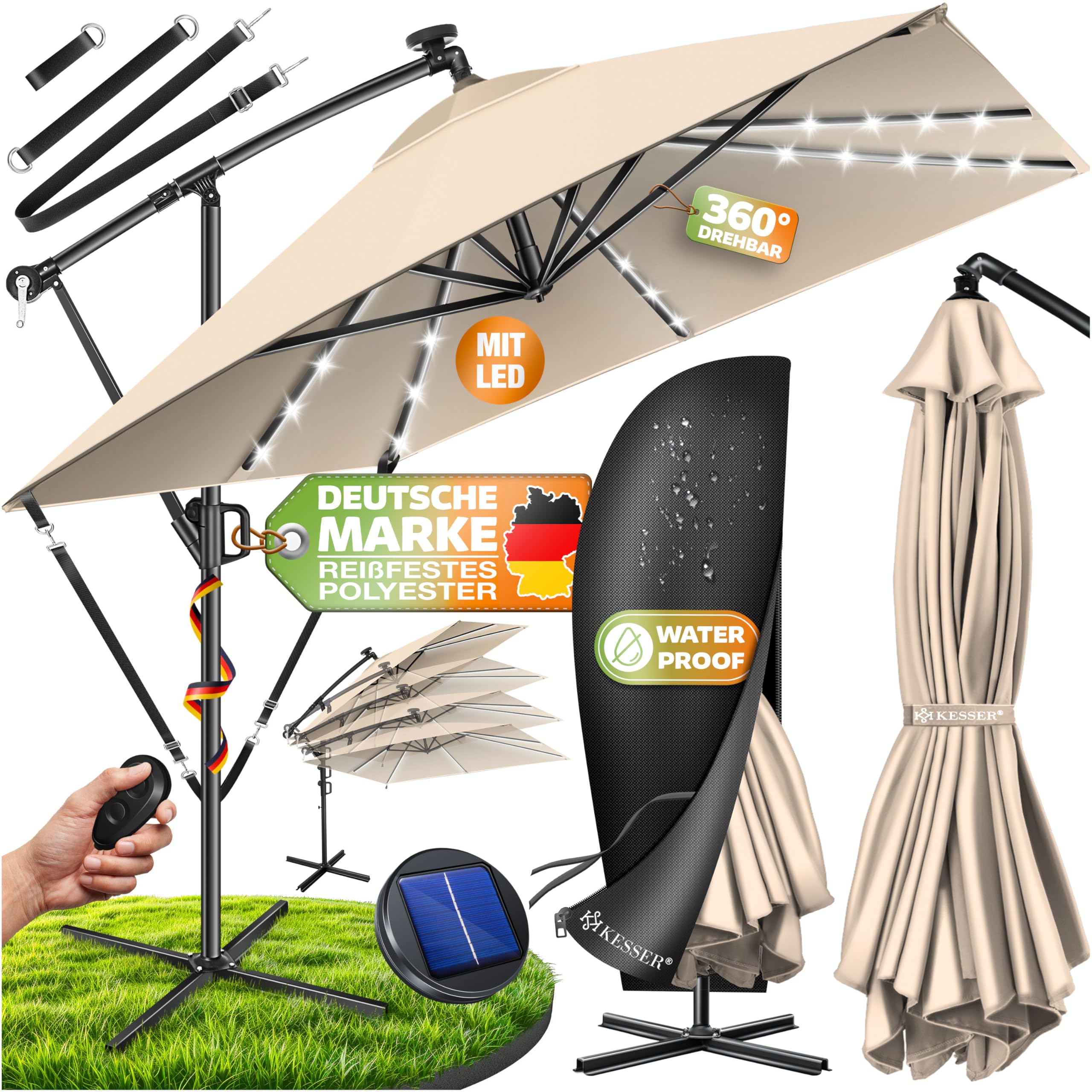 KESSER® Sonnenschirm 250x250cm mit LED Beleuchtung, Sonnenschirm Balkon, Garten, Sonnenschutz, Gestell & Ständer aus Alu, UV-Schutz, wasserdicht + Windfest