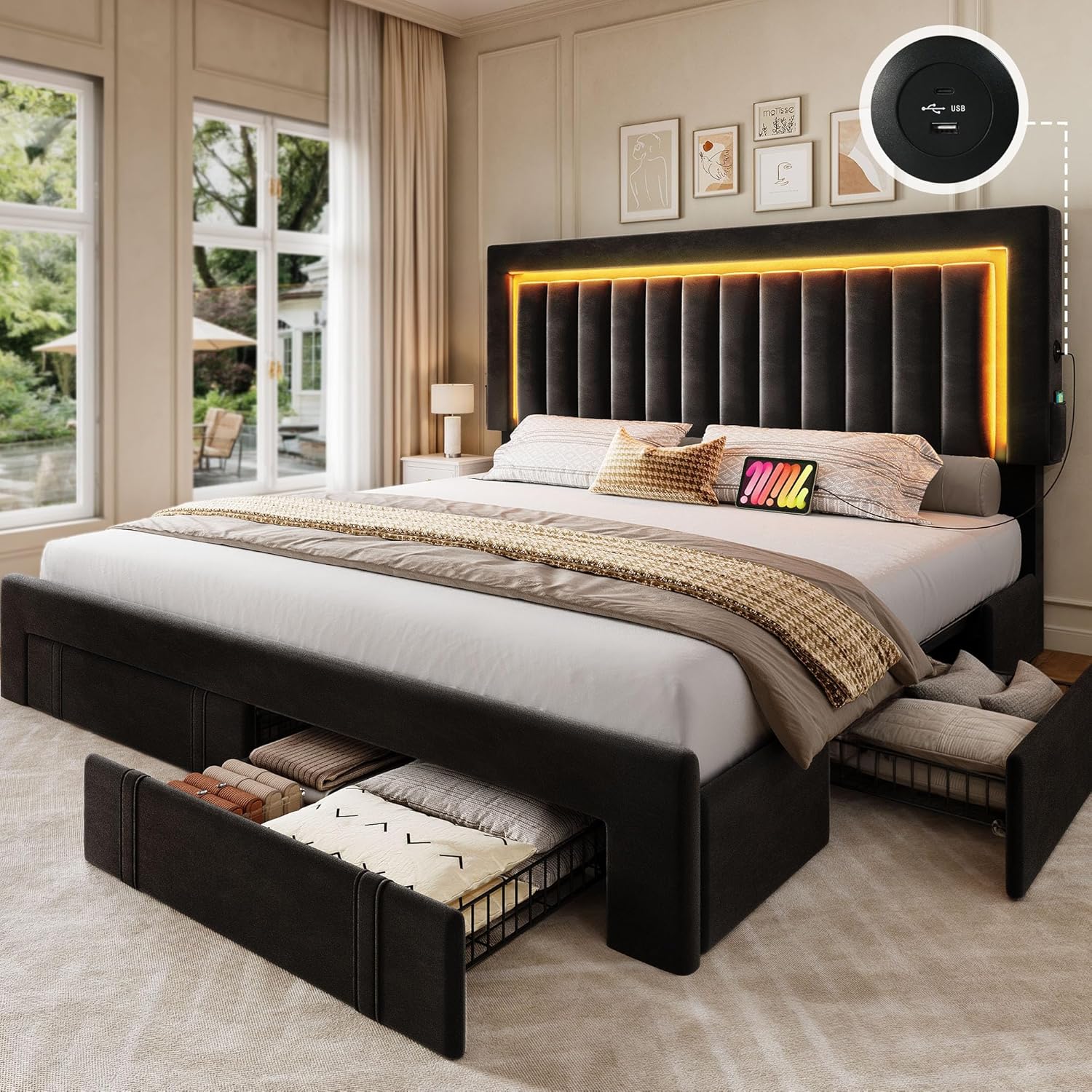 YITAHOME Queen Size Bed Frame with Adjustable Headboard, 4 Storage Drawers and RGB LED Lights, Velvet Upholstered Platform Bed with USB Ports, No Box Spring Needed, Fast Assembly, Noise-Free, Black Black Queen