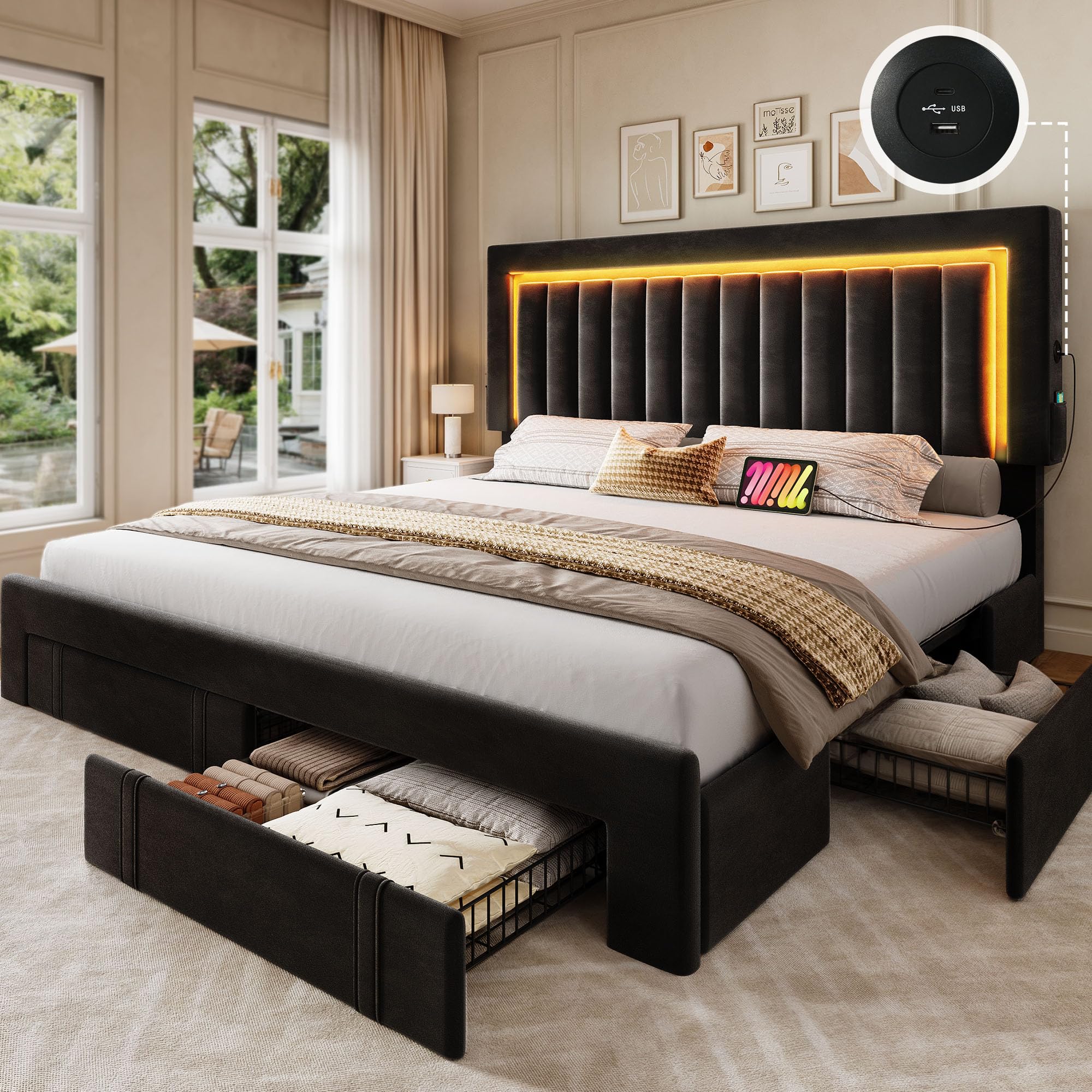 AYHB♡F Amazon.com: Yaheetech Upholstered Bed Frame with 4 Storage Drawers