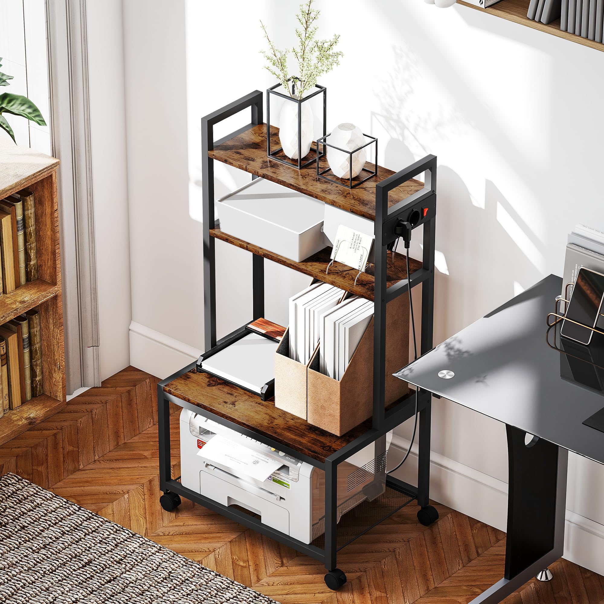 HOMCOM Soporte para Impresora con Estación de Carga Mueble para Impresora de 4 Niveles con Ruedas y Marco Metálico para Oficina Casa Escuela Marrón Rústico