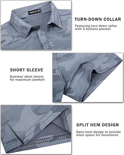 Miniatura 5 de TAPULCO Camisetas tipo polo de secado rápido para hombre, diseño de camuflaje, atléticas, ligeras, transpirables, casuales, para golf