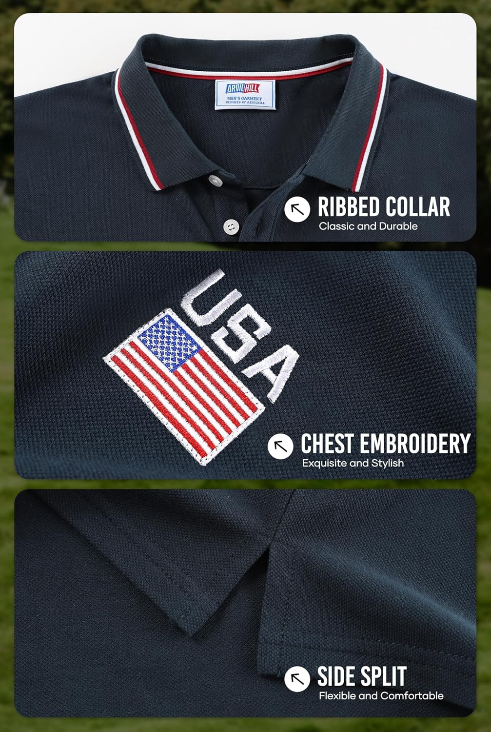Arvilhill Men's American Flag Polo Shirts Patriotic Golf Polos 1776 Cotton Pique Tee Tops (S-3XL)
