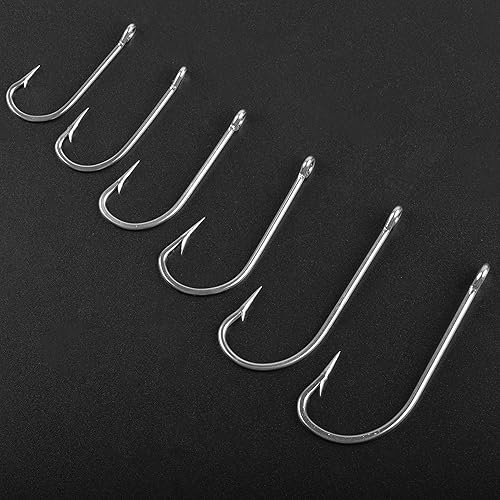 Miniatura 6 de Juego de ganchos en J de pesca de agua salada, 100 ganchos O'shaughnessy de mango largo, juego de ganchos de acero inoxidable forjados, surtido de