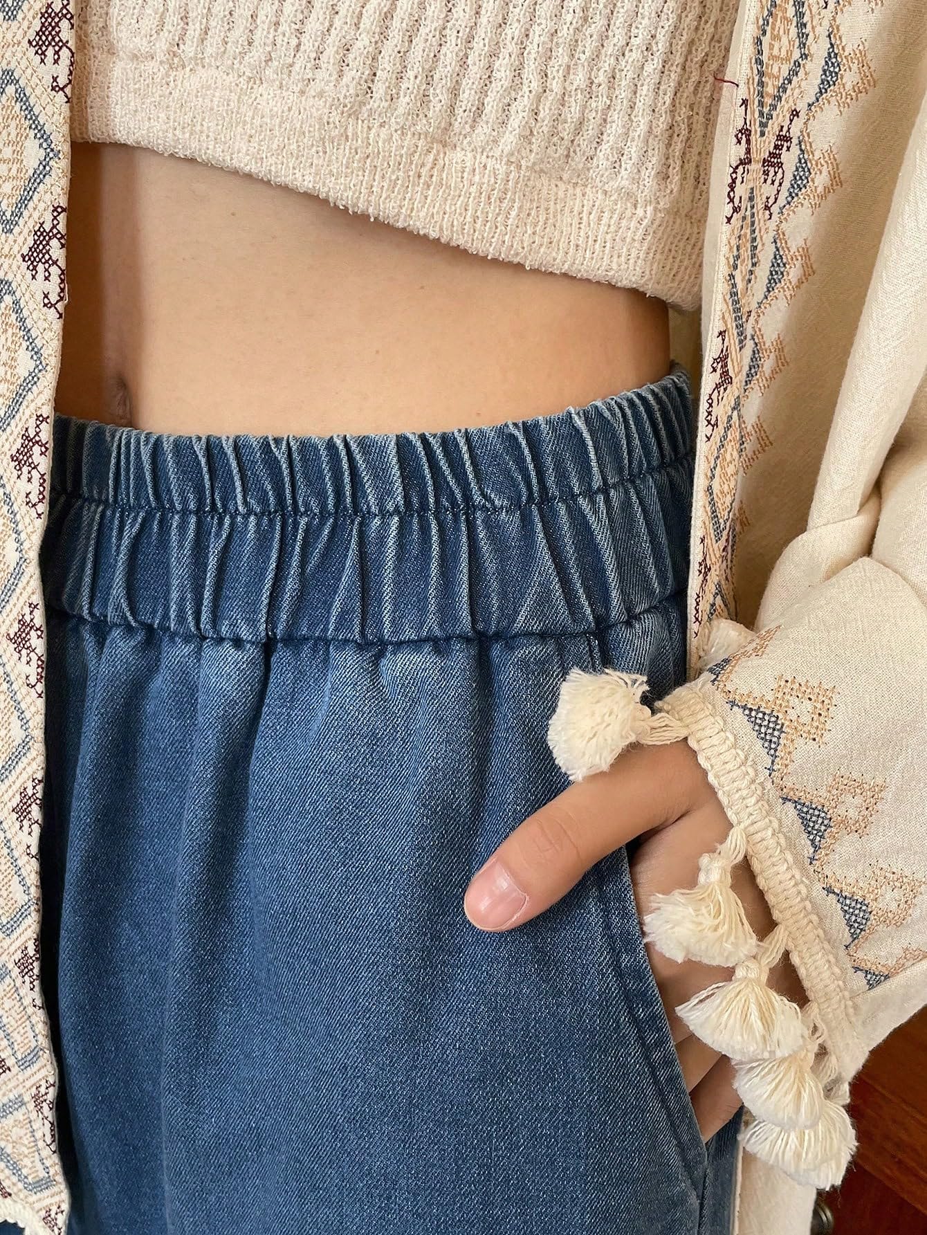 Shasmi Jeans in cotone per ragazze donne elastico in vita ritagliato dritto alla caviglia gamba larga casual vestibilità ampia jeans da donna (jeans 239)