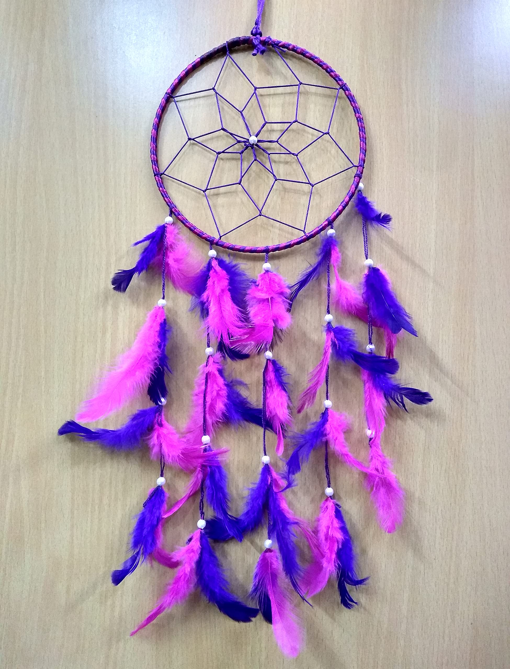 FIKIMOS Dream Catchers Wall Decor, Handmade Feather Bedroom Home Car Decor Nursery Room Hanging Decoration (Blue&Pink Ring)