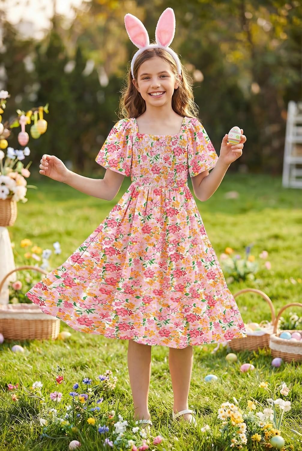 Arshiner Girls Summer Dress Tween Boho Casual Smocked Swing Flowy Ruffle Midi Dresses with Pockets