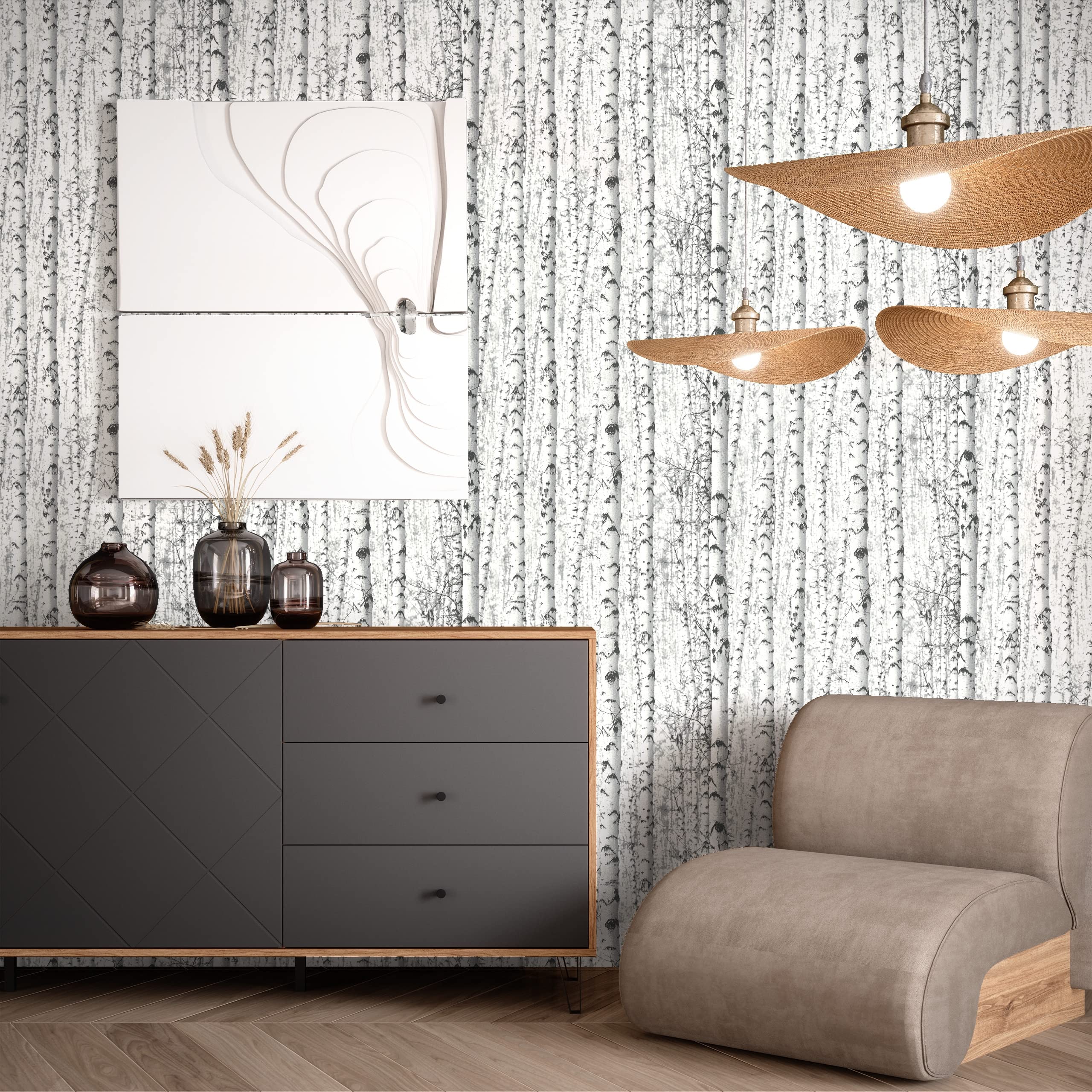 Newroom Tapete Schwarz Vlies Birkenoptik - Modern Skandi Baumstamm Muster für Wohnzimmer Schlafzimmer