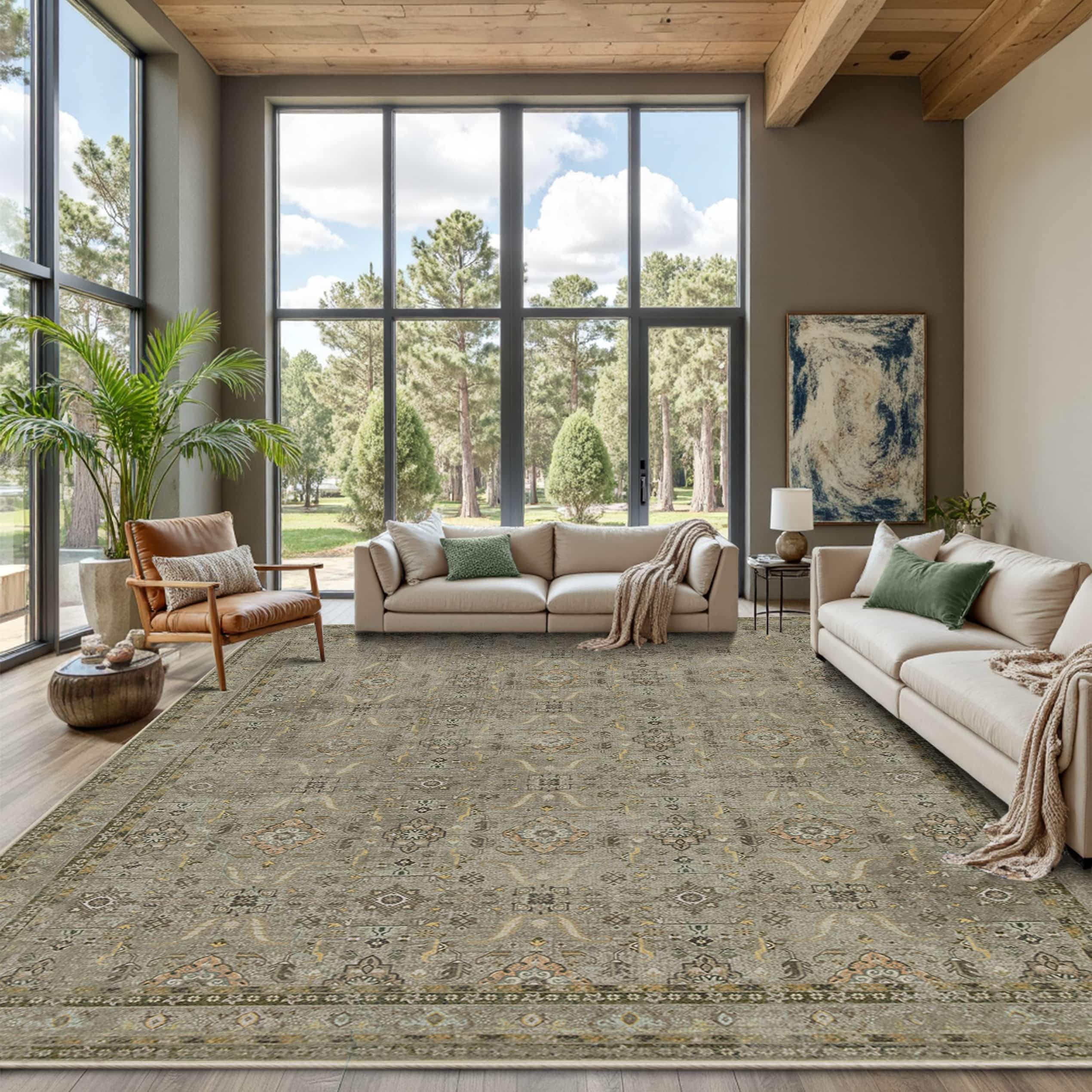 Rugxara 9x12 Area Rugs for Living Room Bedroom, Large Washable Rug, Vintage Floral Boho Rug, Non Slip & Low Pile Faux Wool Thin Carpet for Indoor