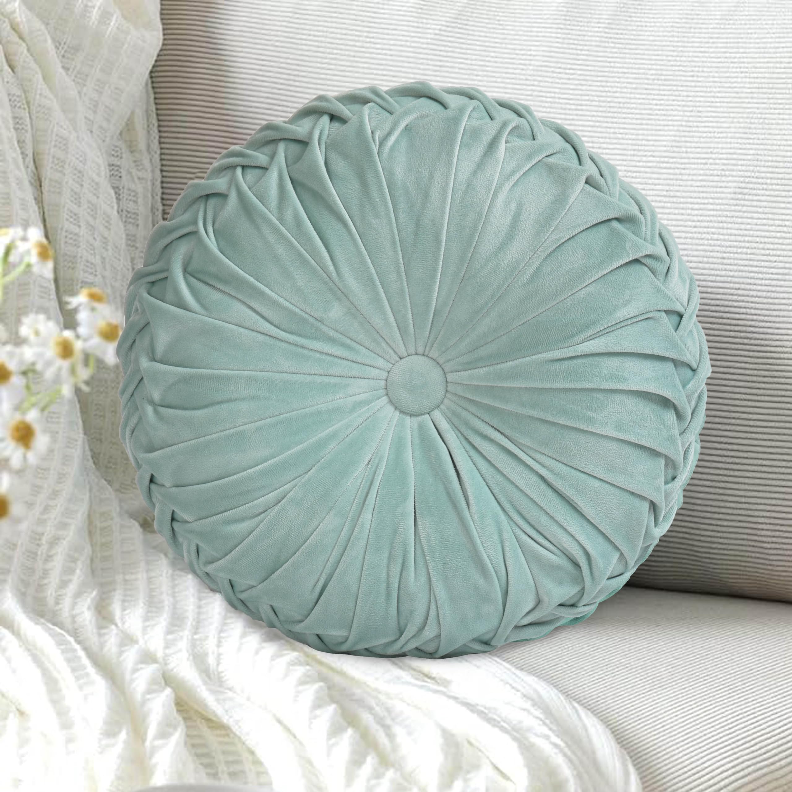 ONLY ONE PIECE. HIG Set of 2 Aqua Ruched Velvet Round Throw Pillows – 14.5’’ Decorative Pillows with Soft Polyester Filling for Couch, Bed, Living Room, Bedroom, or Dorm – Handmade, Stress Relieving, All-Season