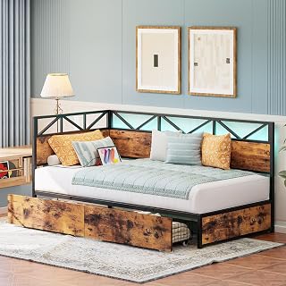 LIKIMIO Twin Daybed with Storage Drawers and Charging Station, Corner Bed Frames with Headboard and LED Lights, Industrial Brown