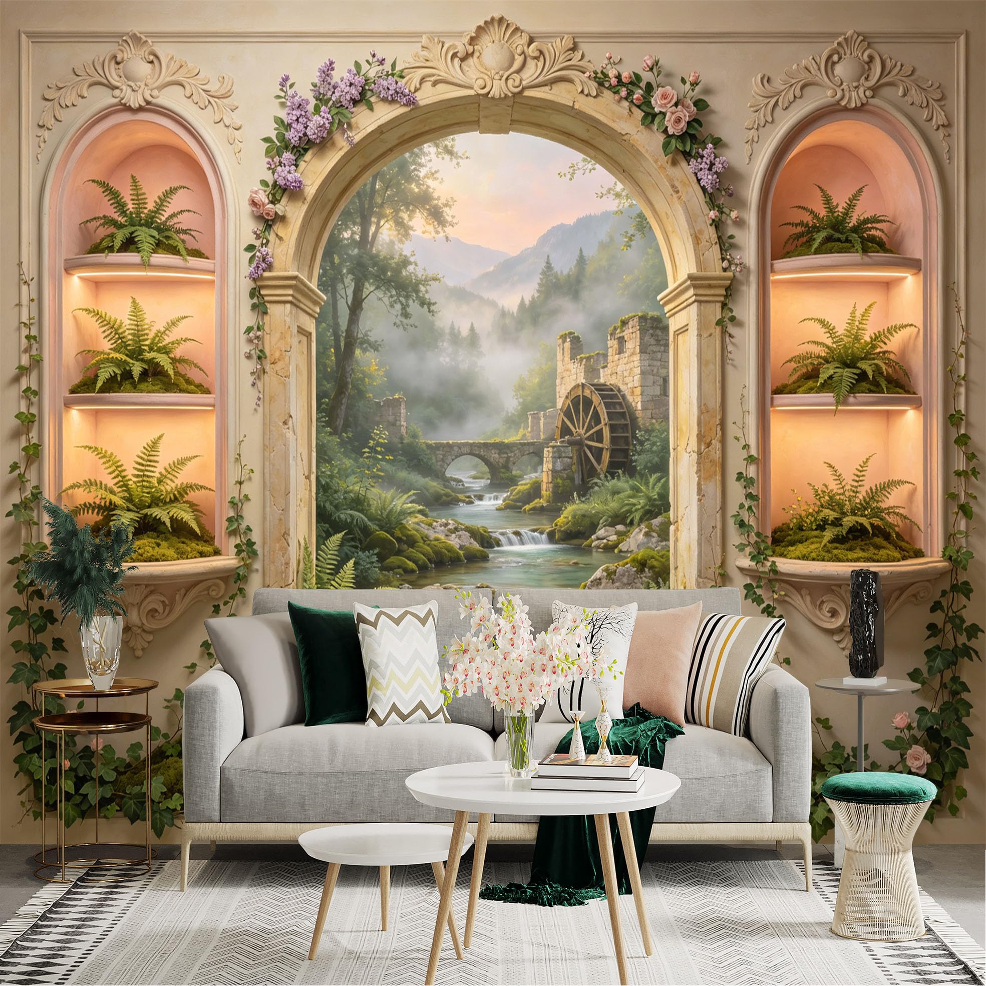 Custom Size Wall Sticker Mural， Vintage Garden Arch with Watermill， River and Mountain Landscape， for wall Decoration， peelandstick wall Decals.